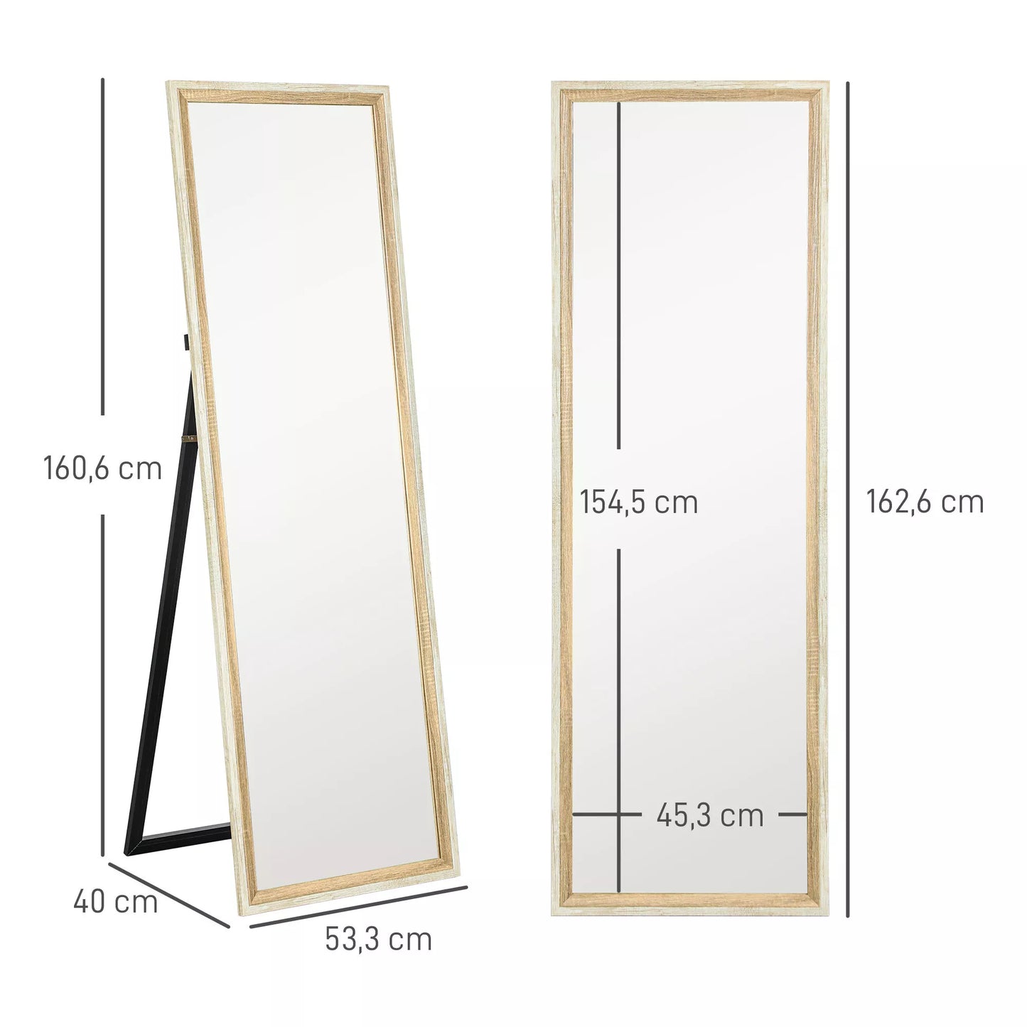 Viso kūno veidrodis, MDF rėmas, atspari dūžiams plėvelė, 162,6 x 53,3 cm, natūralaus medžio