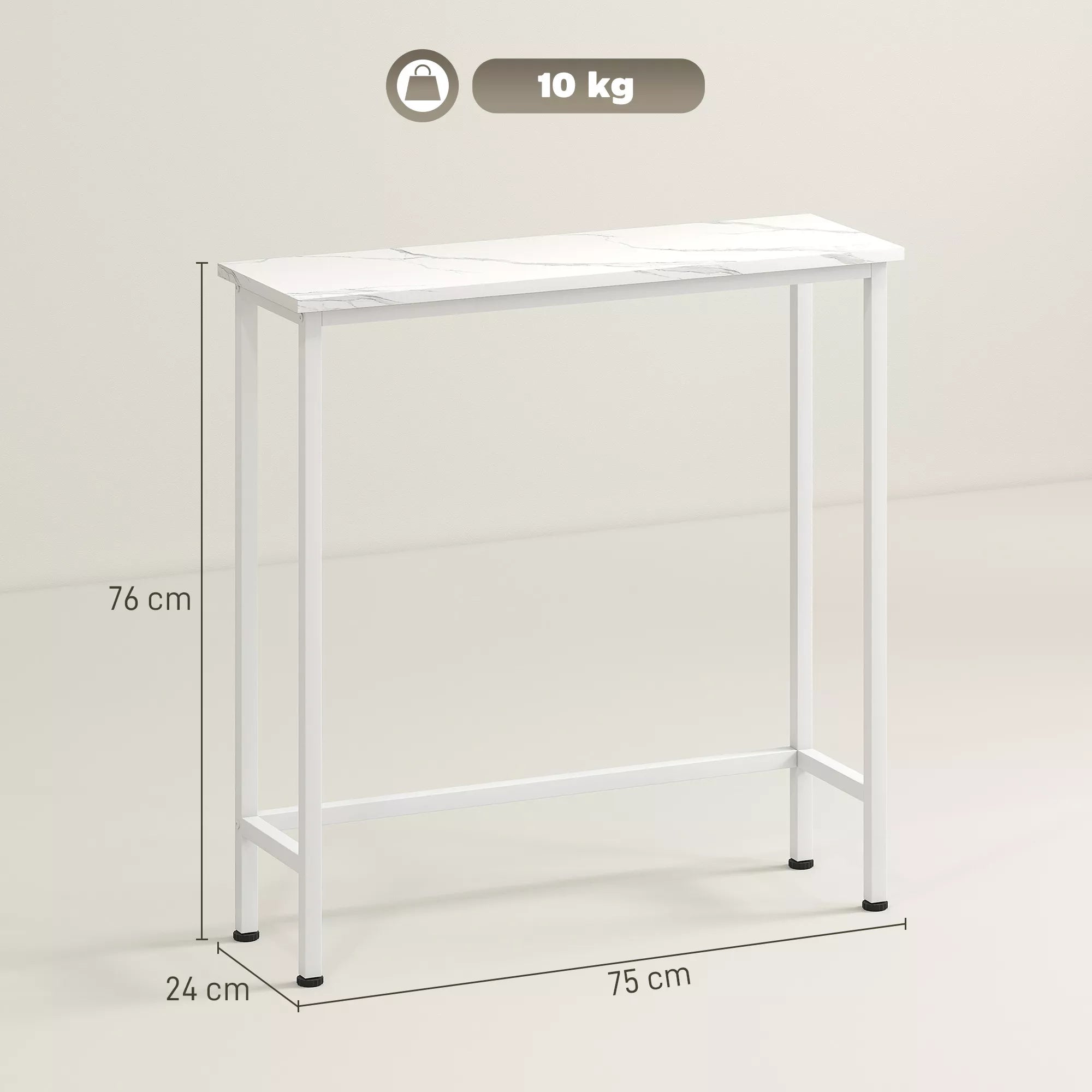 Infografika su stalviršio matmenimis: 75 cm plotis, 24 cm gylis, 76 cm aukštis, 10 kg talpa