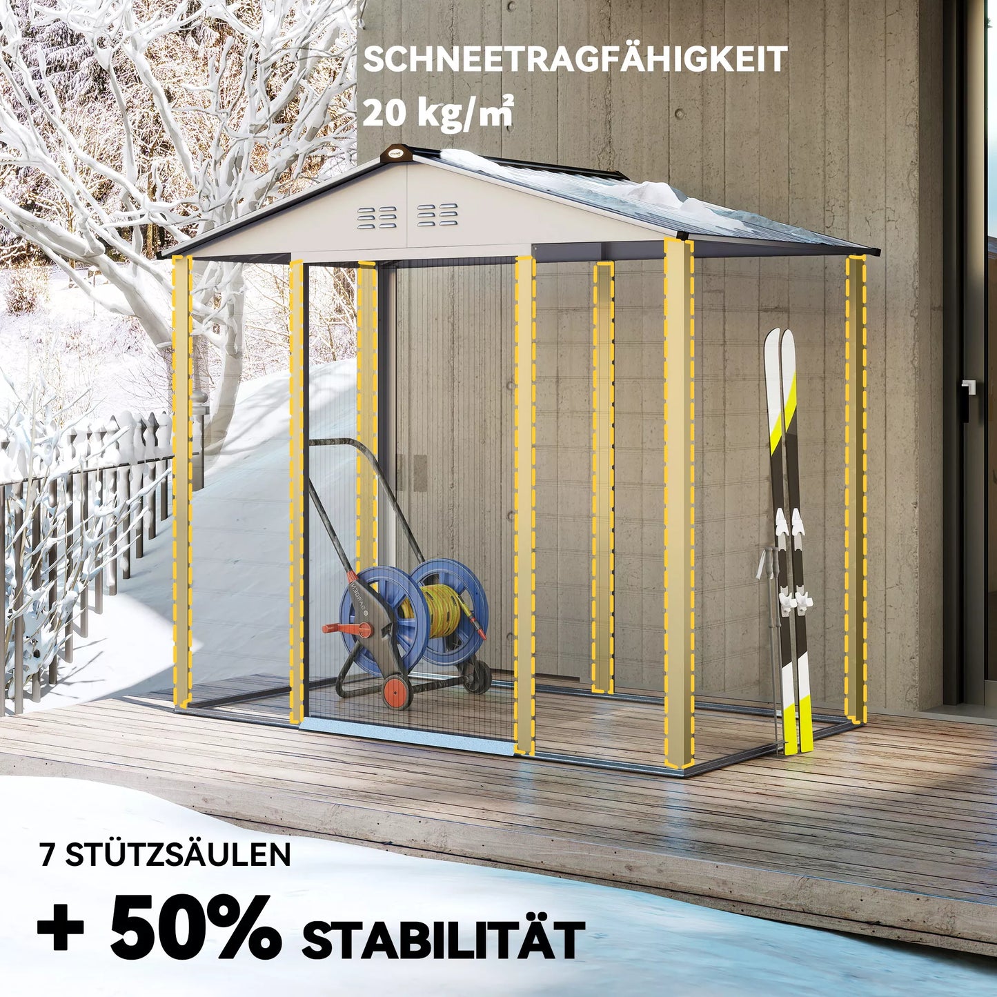 2,43 m² sodo namelis, 213 x 131 x 192 cm įrankių stoginė su dvišlaičiu stogu, užrakinamos stumdomosios durys, atsparus oro sąlygoms, pilkas