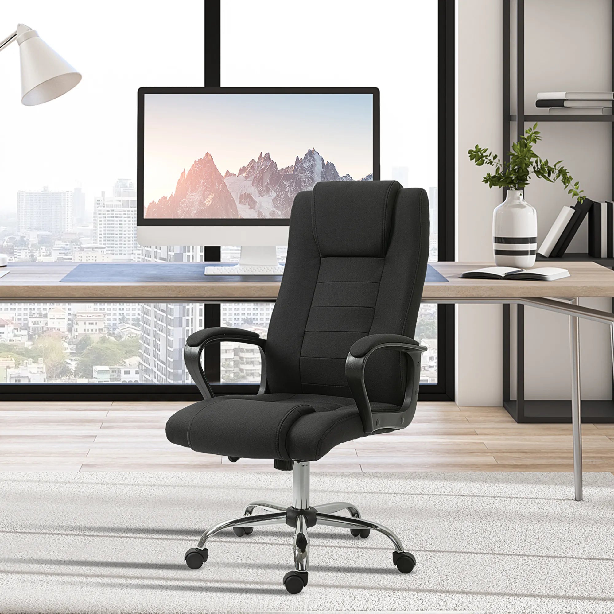 Biuro kėdė, kompiuterinė kėdė su svyravimo funkcija, galvos atrama, ergonomiška rašomojo stalo kėdė, sukiojama, reguliuojamo aukščio, „Linen-Touch“ juodos spalvos, 62 x 76 x 110–119 cm