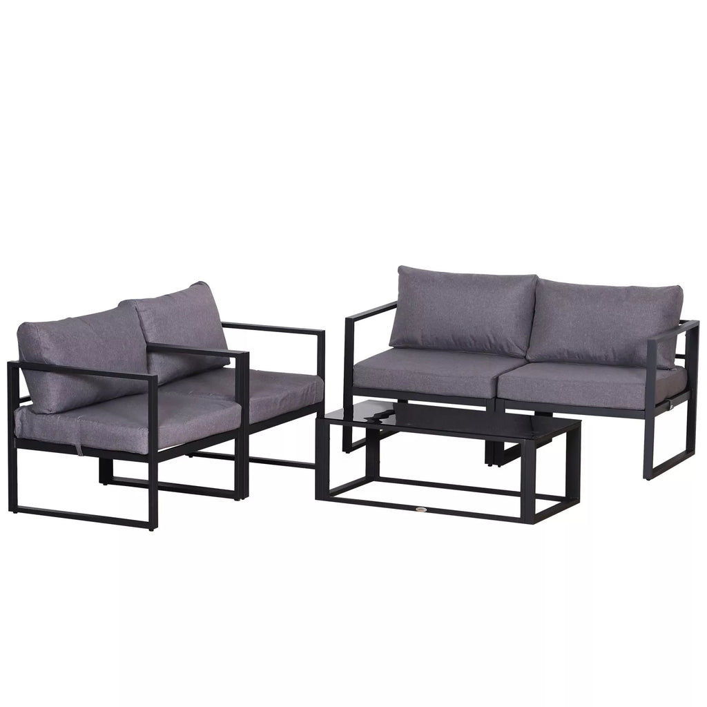Keturių dalių sodo baldų rinkinys, sėdimoji grupė, sofa su sėdimojo pagalvėlėmis, stalas su daiktų laikymo vieta, poliesteris, pilkos spalvos, 138 x 69 x 63 cm
