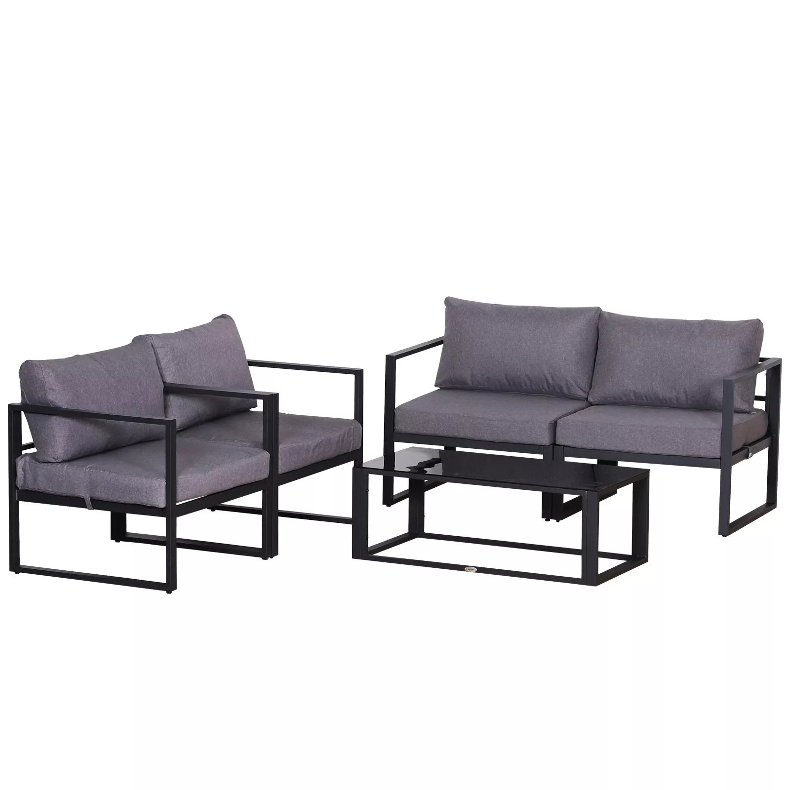 Keturių dalių sodo baldų rinkinys, sėdimoji grupė, sofa su sėdimojo pagalvėlėmis, stalas su daiktų laikymo vieta, poliesteris, pilkos spalvos, 138 x 69 x 63 cm