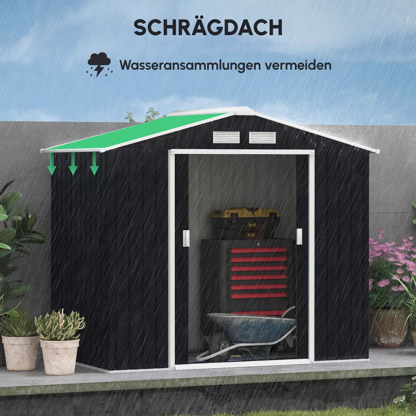 Sodo namelis su stumdomomis durimis 2,13 x 1,30 x 1,85cm, metalinis, anglies pilkumo