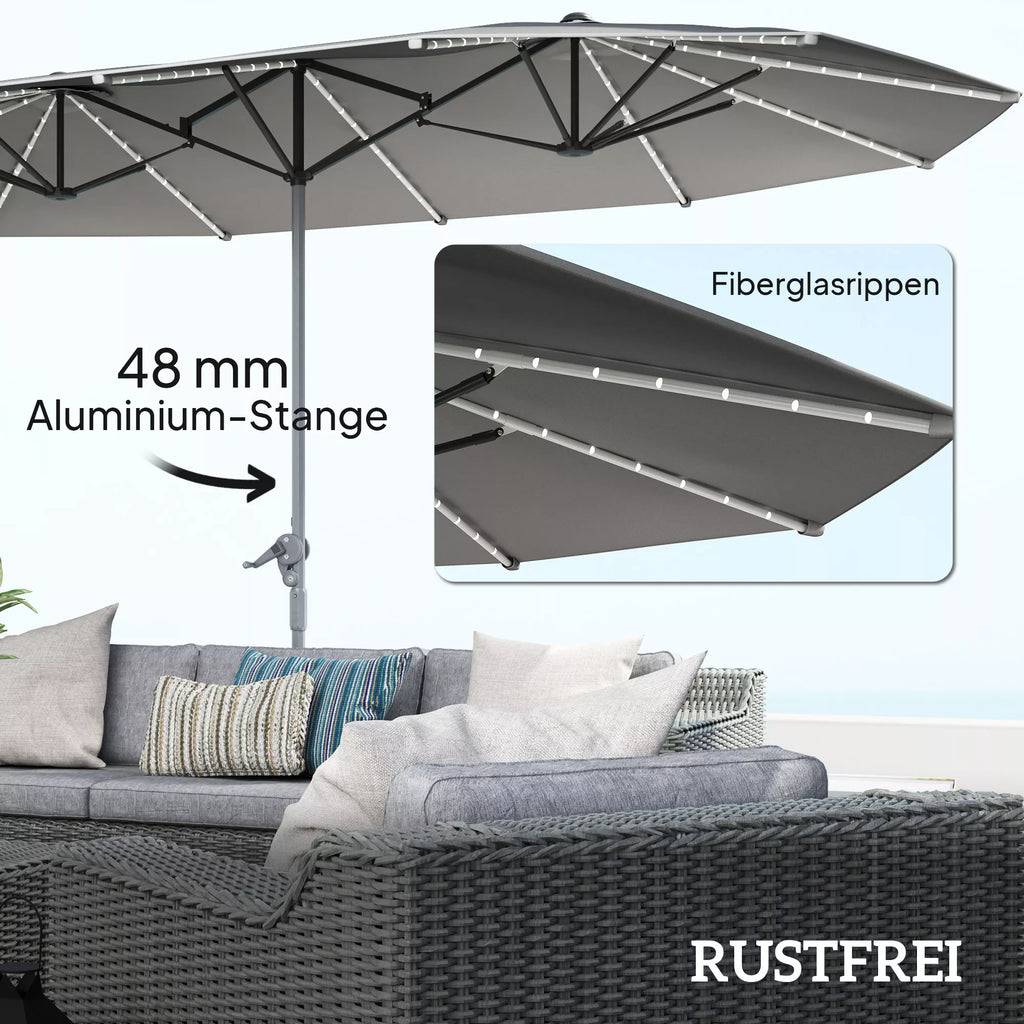 Dvigubas skėtis nuo saulės su LED apšvietimu, 451 x 267 cm, tamsiai pilkas