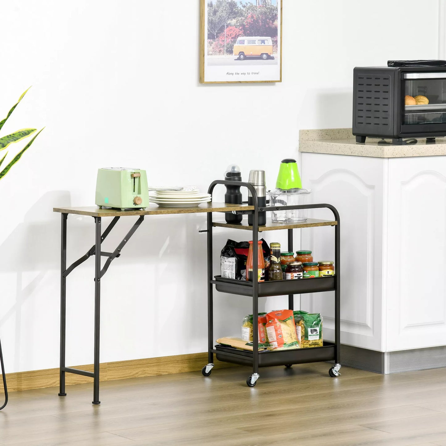 Virtuvės vežimėlis, padėklų vežimėlis, serviravimo vežimėlis su 1 sulankstoma stalvirše, 2 padėklais ir 1 atviru skyriumi, ratukai, reguliuojamos kojelės, E1 medžio drožlių plokštė, metalas, rustiška ruda, 118 x 36,5 x 82 cm