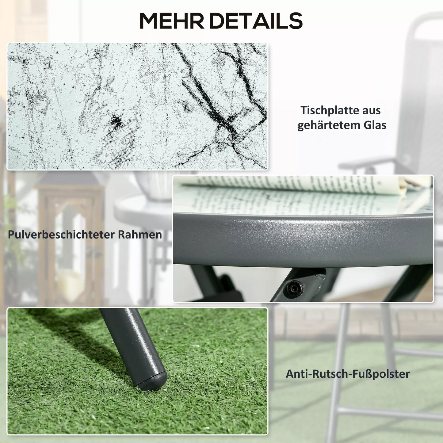 Sulankstomas pagalbinis stalas, sulankstomas lauko stalas, su stalviršiu iš grūdinto stiklo, skirtas terasai, 45 x 45 x 50 cm, baltas