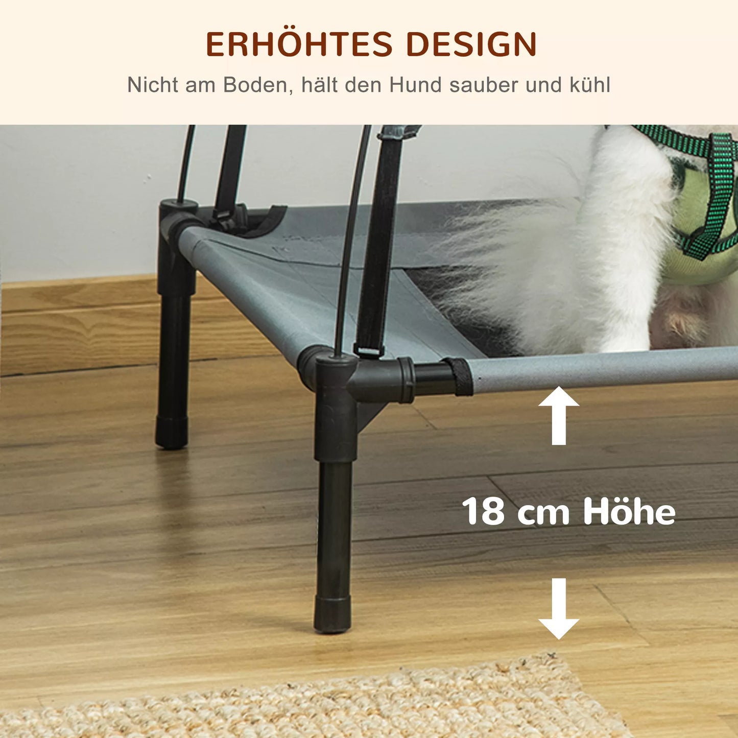 Paaukštinta šunų lova su baldakimu, naminių gyvūnėlių guolis, lauko šunų gultas su stogu, kvėpuojantis, taftos audinys stovyklavimui, pilka 76 x 61 x 73 cm