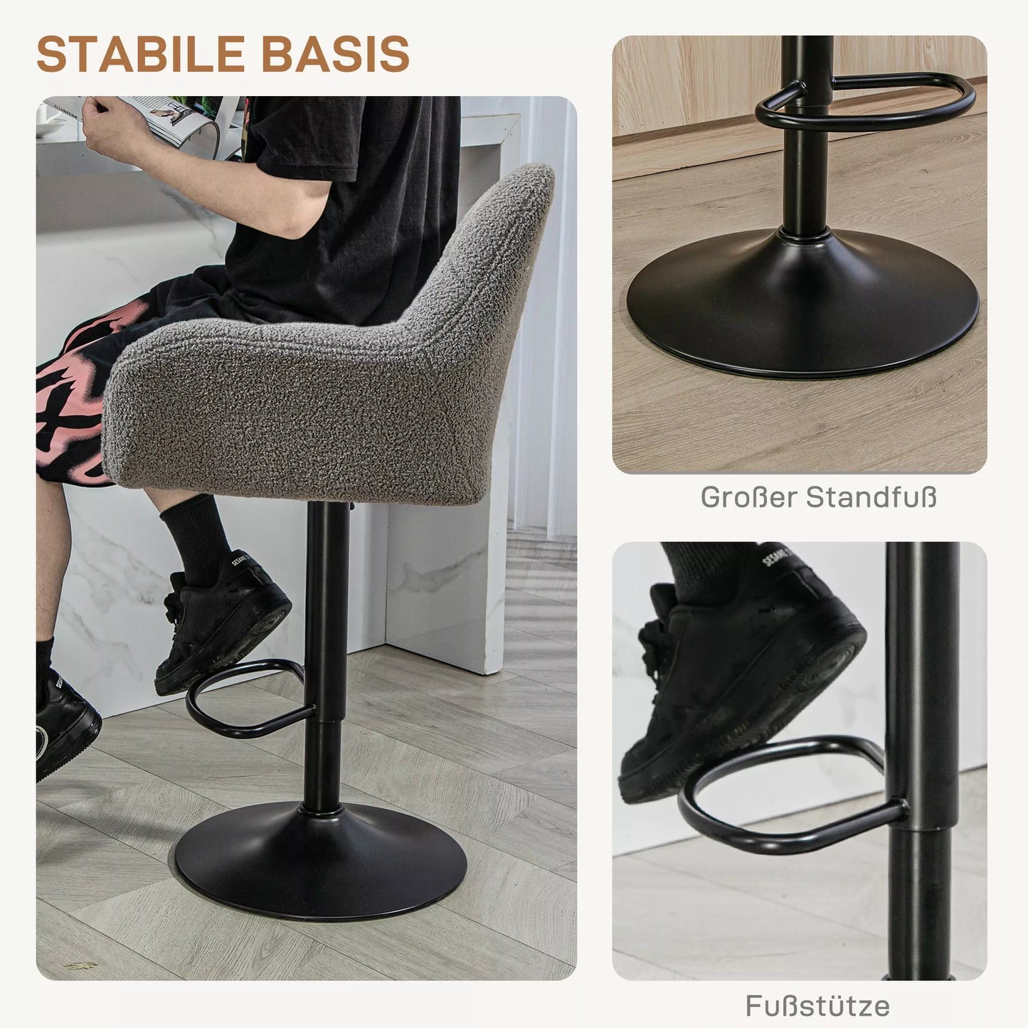 Baro taburečių rinkinys iš 2 vnt., retro dizaino, reguliuojamo aukščio, fleece tipo, pilka ir juoda