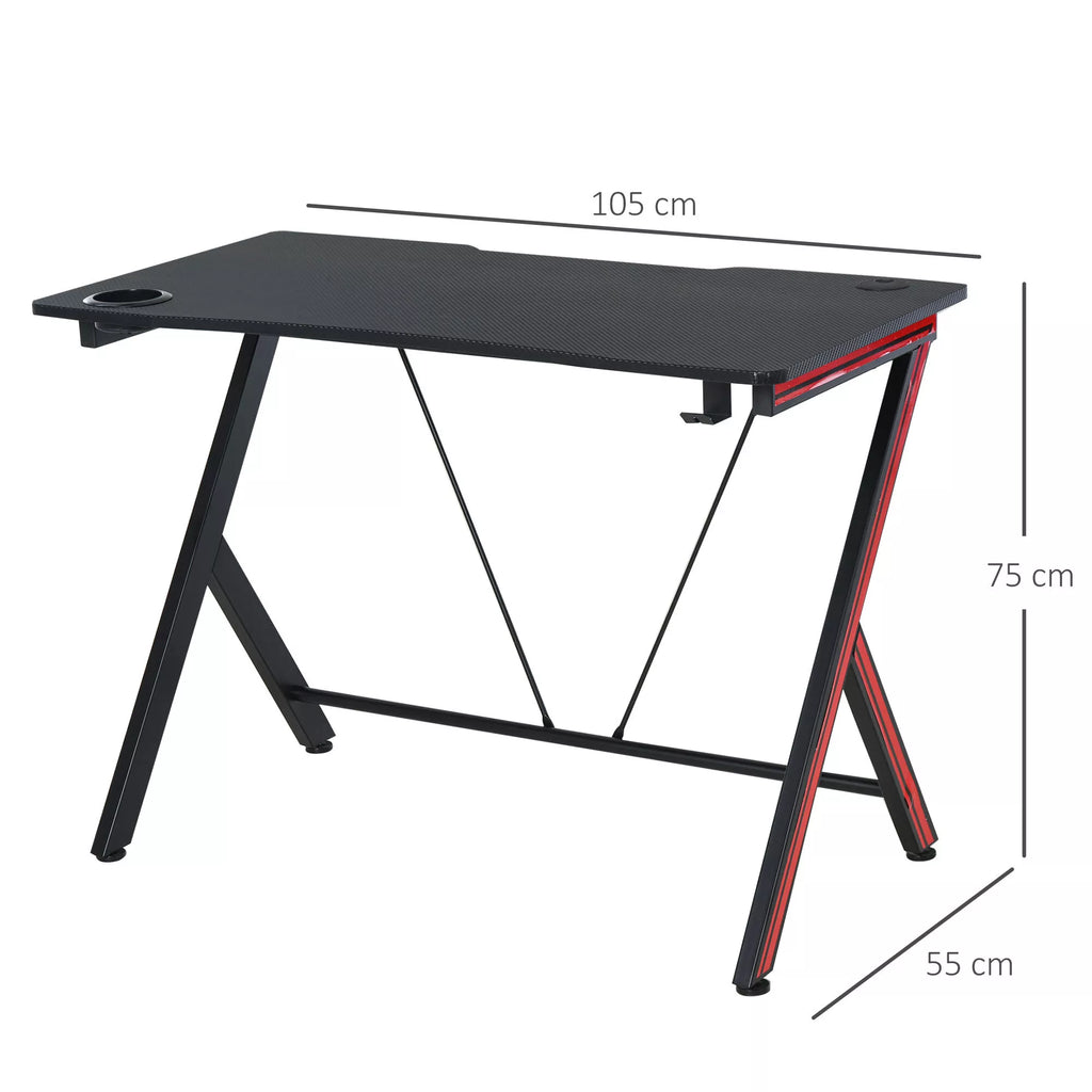 HOMCOM Žaidimų stalas, rašomasis stalas su ausinių laikikliu ir puodelio laikikliu, plienas + MDF, juodas 105 x 55 x 75 cm