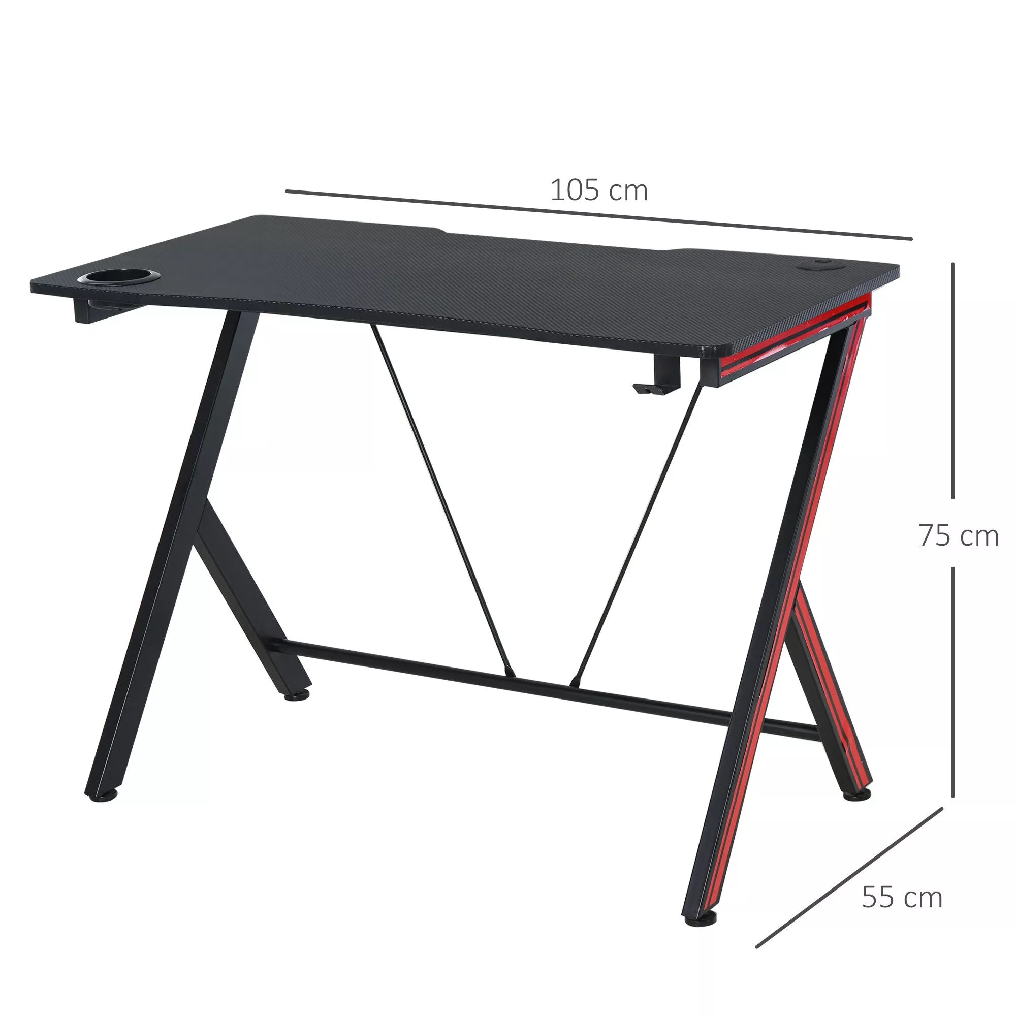 HOMCOM Žaidimų stalas, rašomasis stalas su ausinių laikikliu ir puodelio laikikliu, plienas + MDF, juodas 105 x 55 x 75 cm