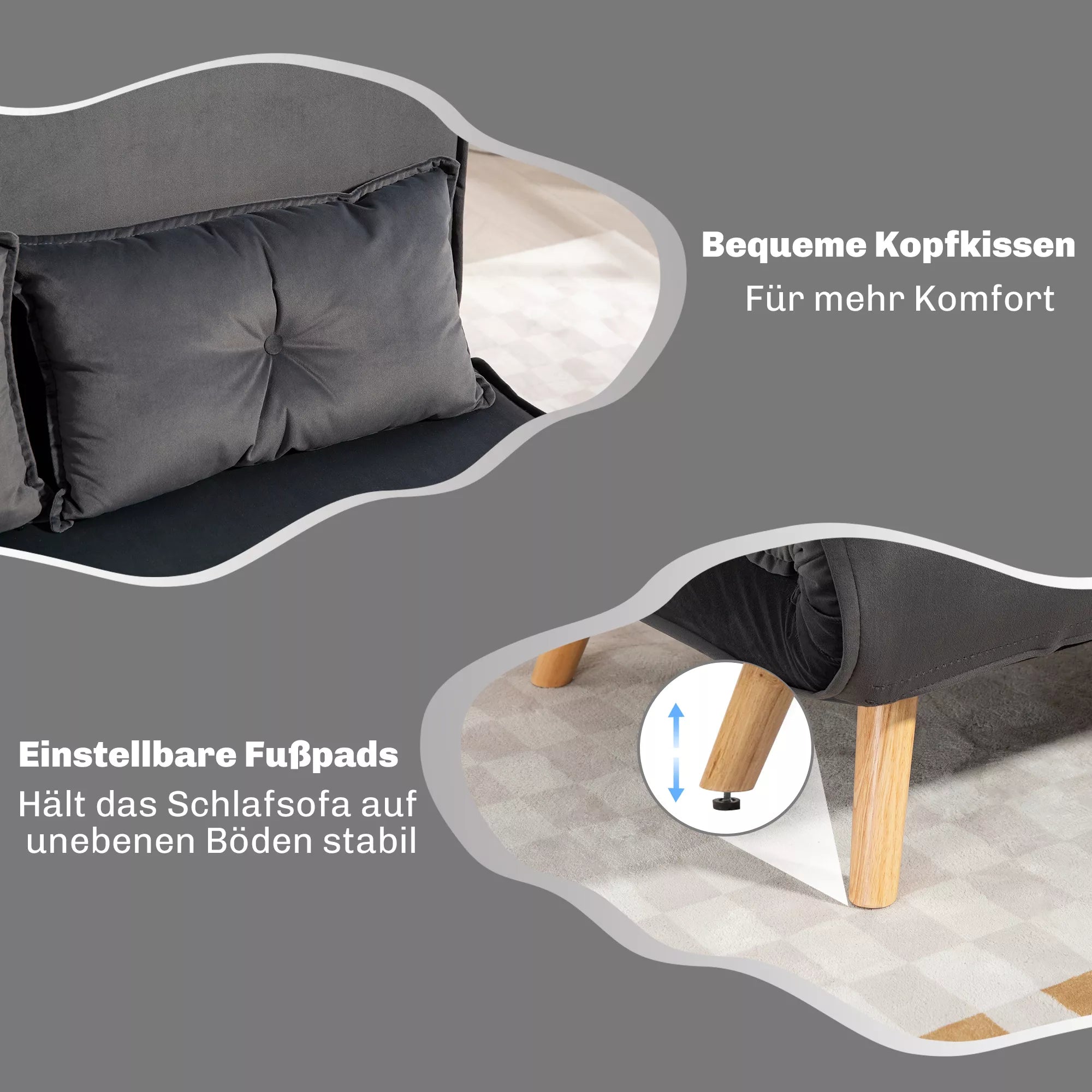 2-vietė miegamoji sofa, miegamoji sofa, į lovą transformuojama sofa, reguliuojamas atlošas, audinio apmušalas, metalinis rėmas, pilkos spalvos