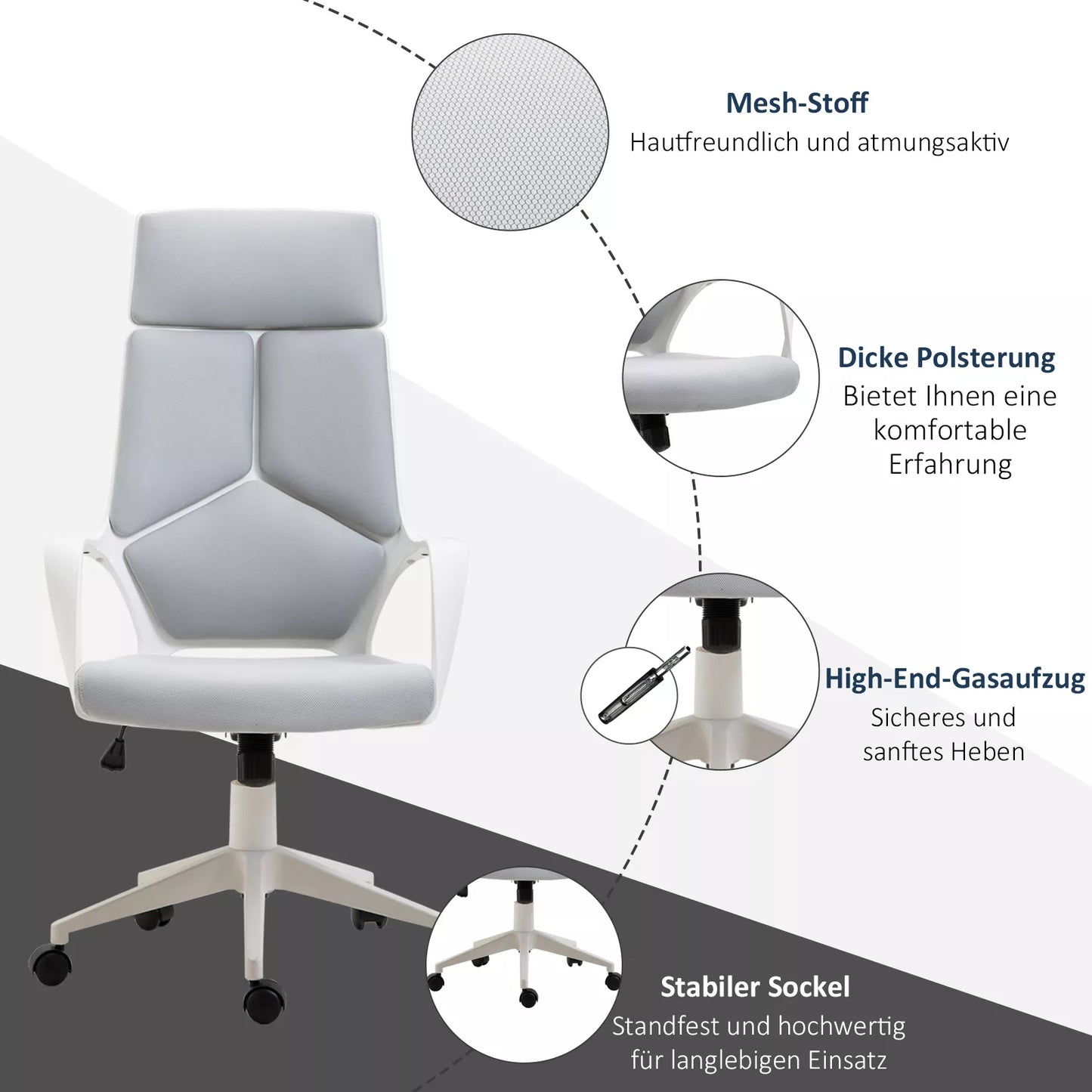 Ergonomiškas biuro krėslas, tinklinis audinys, reguliuojamas aukštis, pasukamas, ant ratukų, pilka+balta