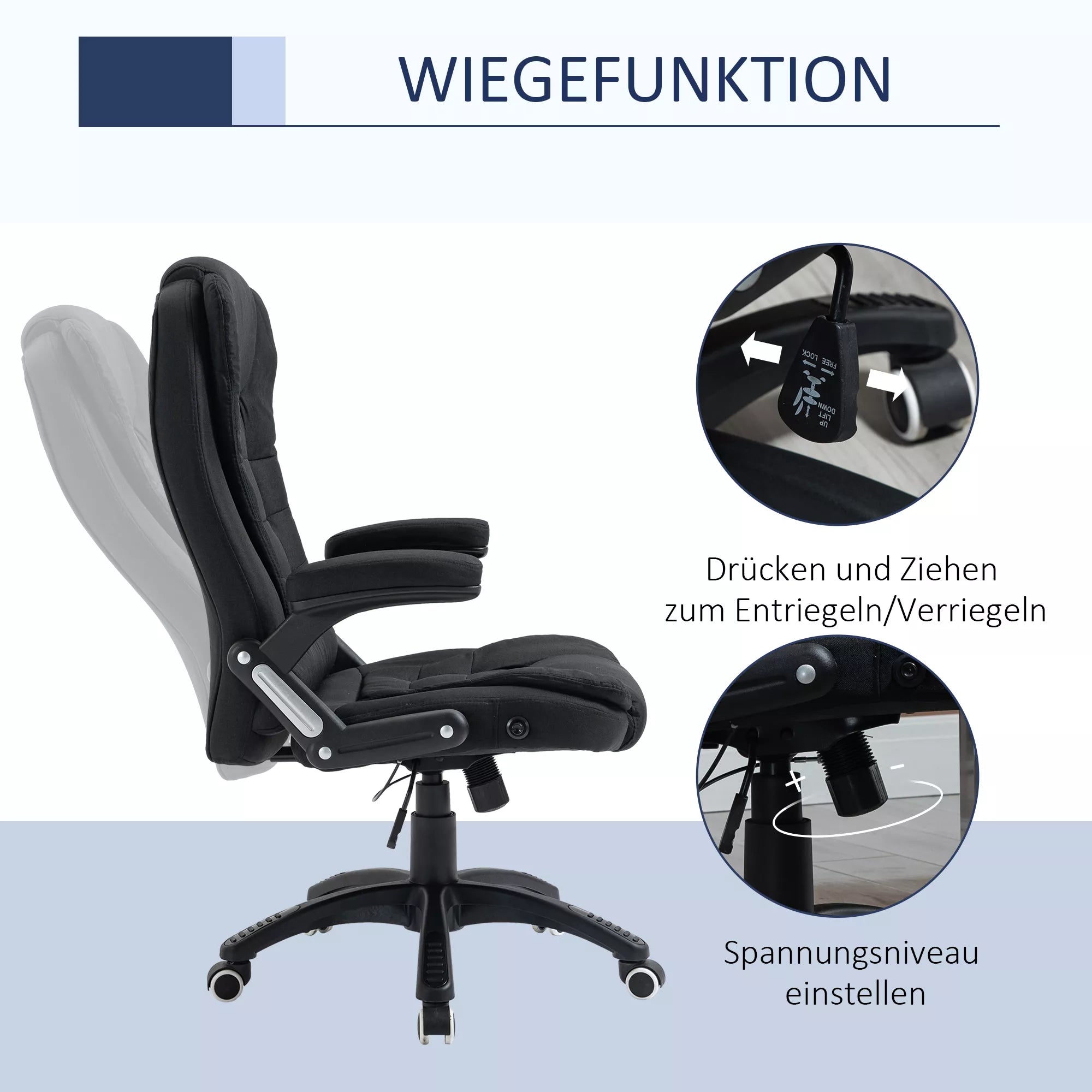Biuro kėdė, kompiuterio kėdė, atlošiama poilsiui, aukščio reguliavimo rašomojo stalo kėdė, ergonomiška, 360°, putplastis, plastikas, lininis poliesteris, juoda, 65 x 72 x 100-120 cm