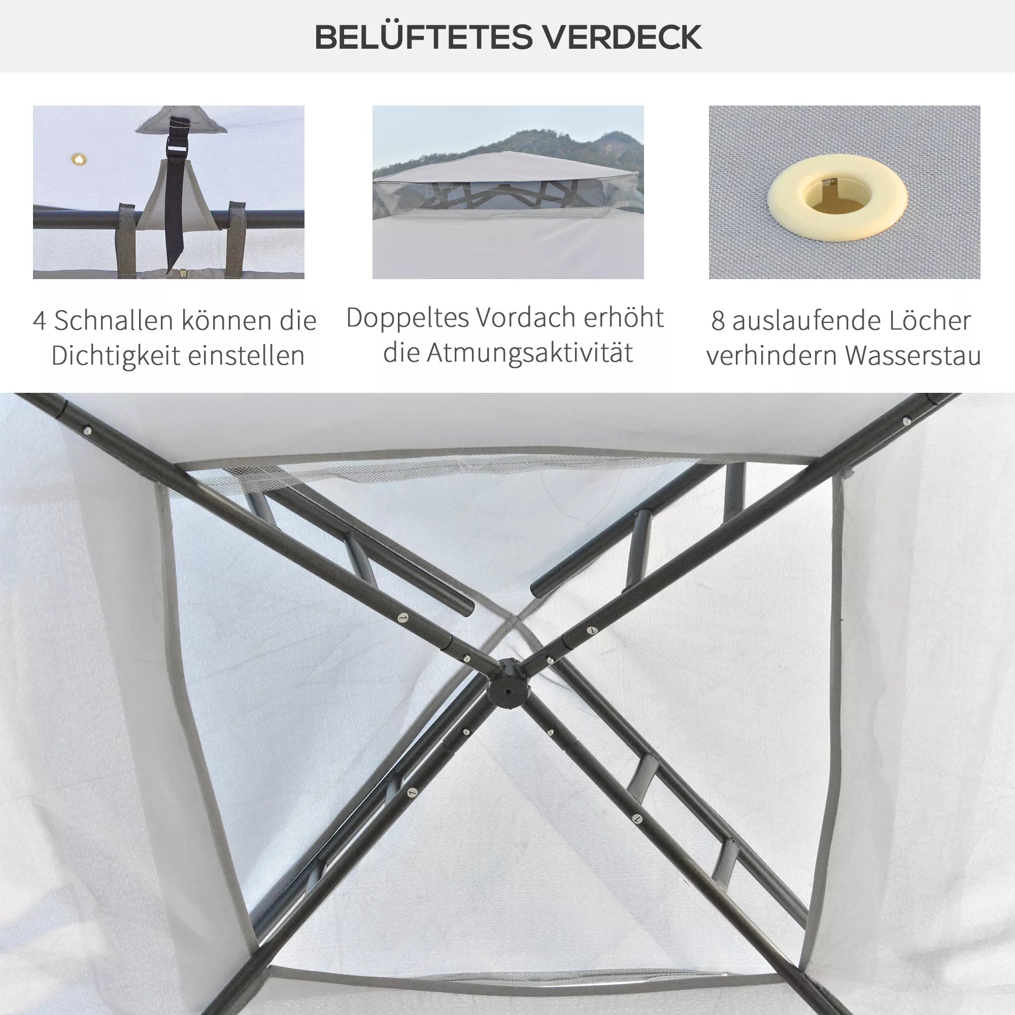 Paviljonas su dvigubu stogu, 3x2 m, atsparus vandeniui, stabilus, atsparus žiemai, su moskitine tinklele, šoninėmis dalimis, metalinis sodo paviljonas, skirtas sodui, terasai, šviesiai pilkos spalvos.