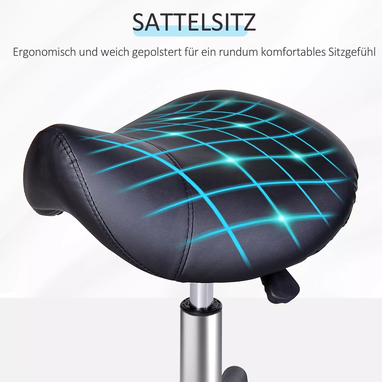 Mobilus taburetė, balnelio formos sėdynė, reguliuojamas aukštis, sukamas 360°, dirbtinė oda, juoda, 35 x 38 x 45-55 cm