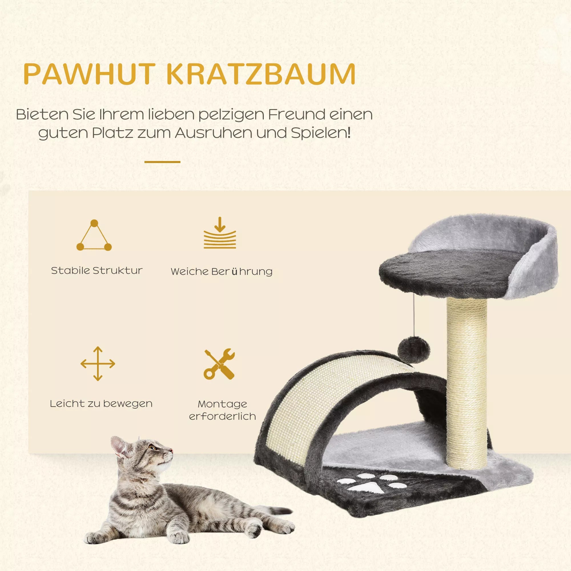 Kratzbaum 46 cm Mažas kačių bokštelis su urvu, žaisliniu kamuoliuku, sizaliniu virve, pakelta platforma, kačių braižymo medis, laipiojimo medis, skirtas katėms iki 4 kg, tamsiai pilkos spalvos
