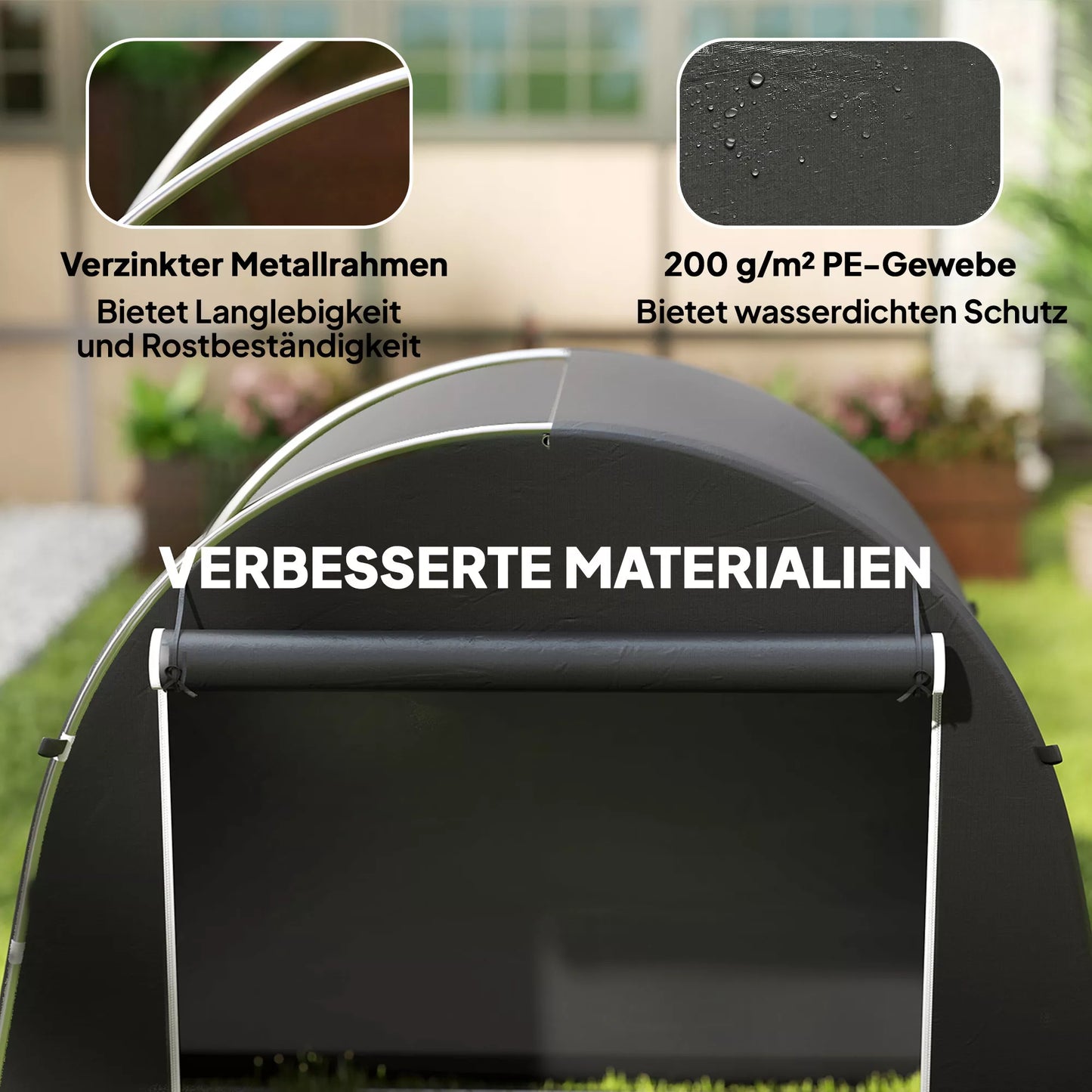 Nešiojamas sodo namelis, dviračių palapinė, užtrauktukas su užtrauktuku, metalinis rėmas, universali saugykla, plastikinis dangtis, tamsiai pilkos spalvos