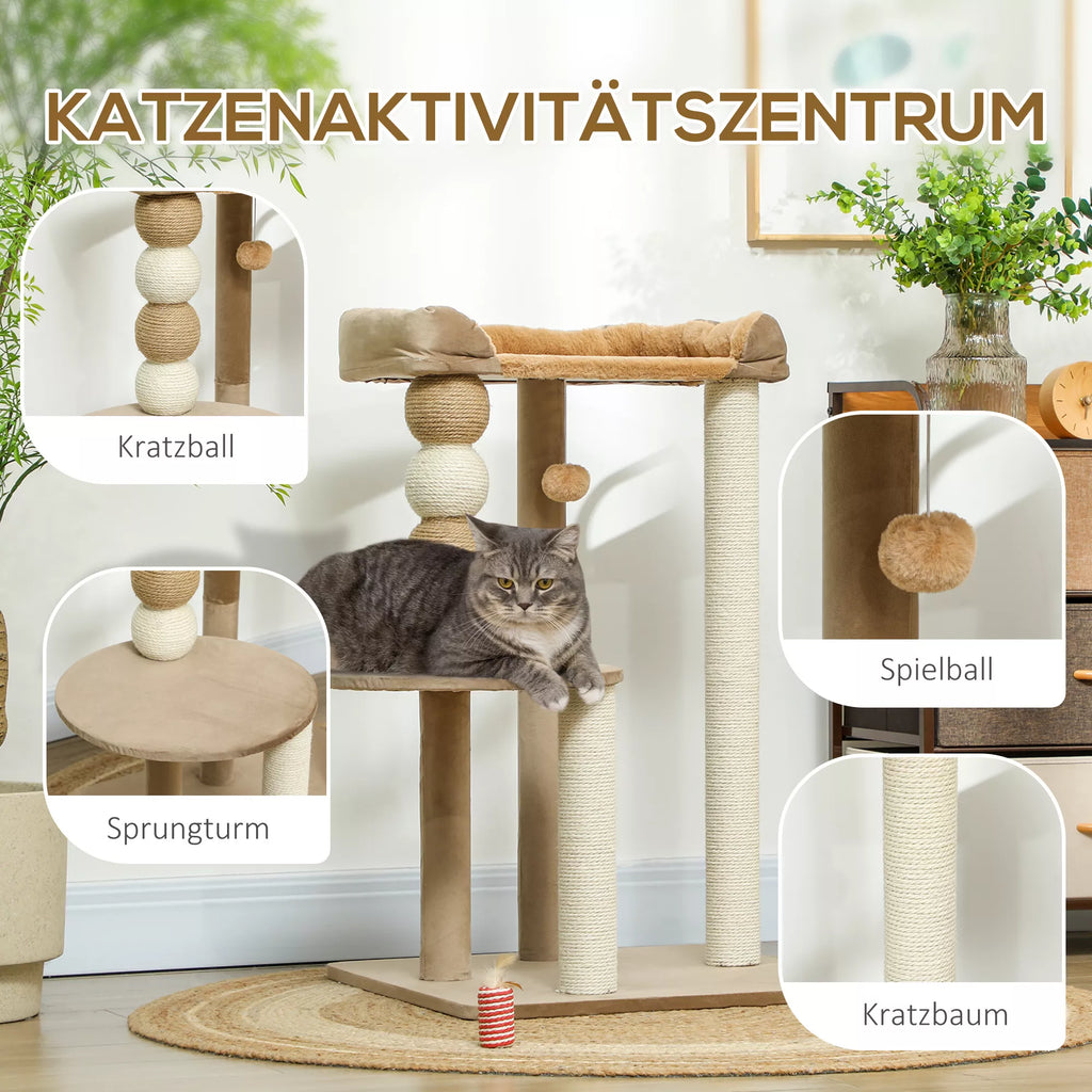 2 aukštų kates medis, žaislinis kamuolys, kates medžiai, kates rutuliai, iki 7 kg, 56 x 54 x 86 cm, rudas