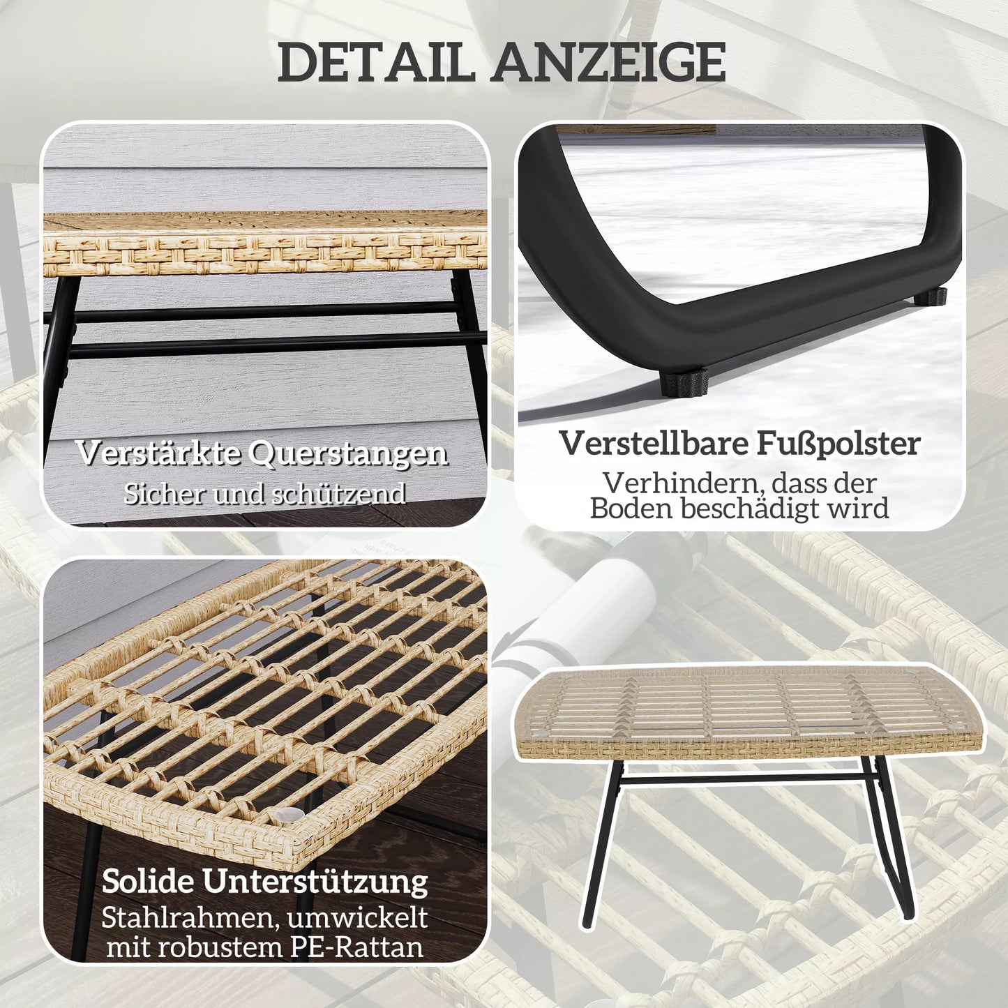 Polyrattan sodo stalas, 90 x 50 x 45 cm, atsparus UV spinduliams, pagalbinis stalas su stikliniu stalviršiu, natūralaus medžio