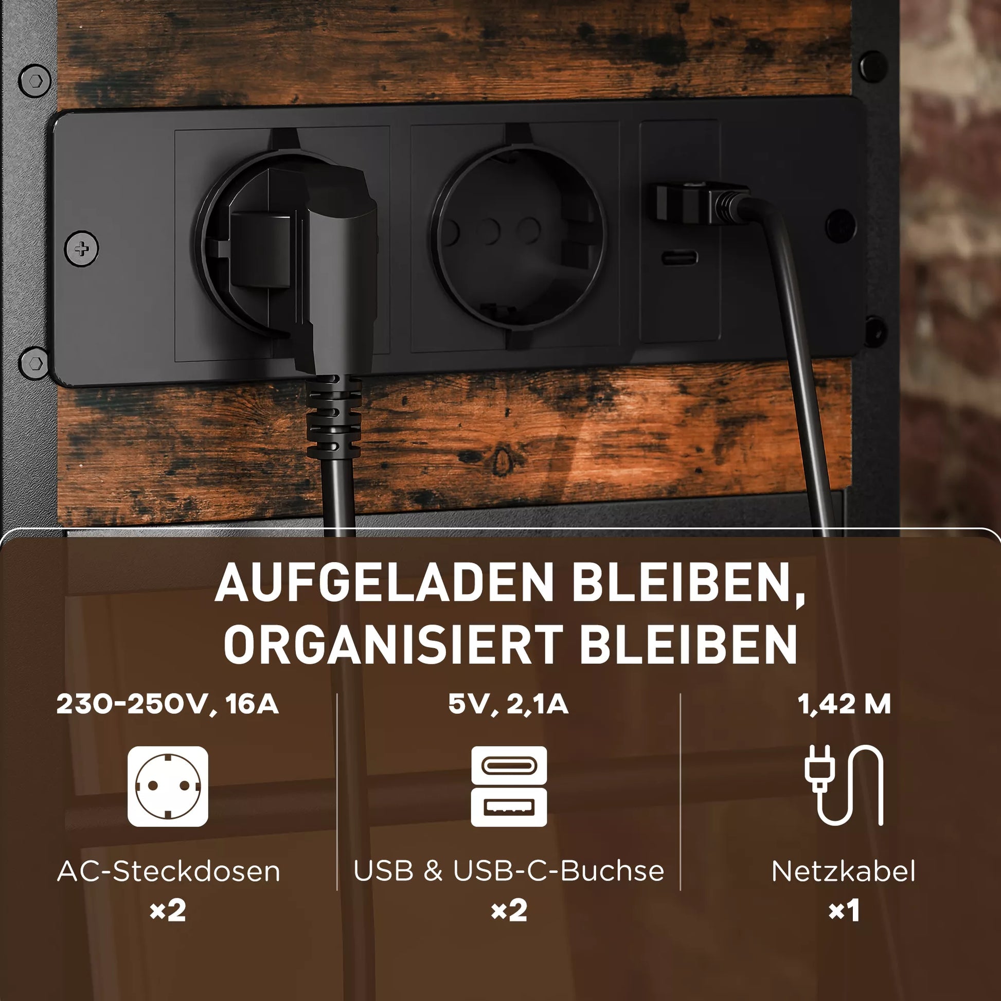 Pagalbinis staliukas Naktinis staliukas su kištukine lizda, 2 lygiais, USB jungtimis Laikymo erdvė 60 x 29,8 x 58,5 cm Rustikalus Ruda