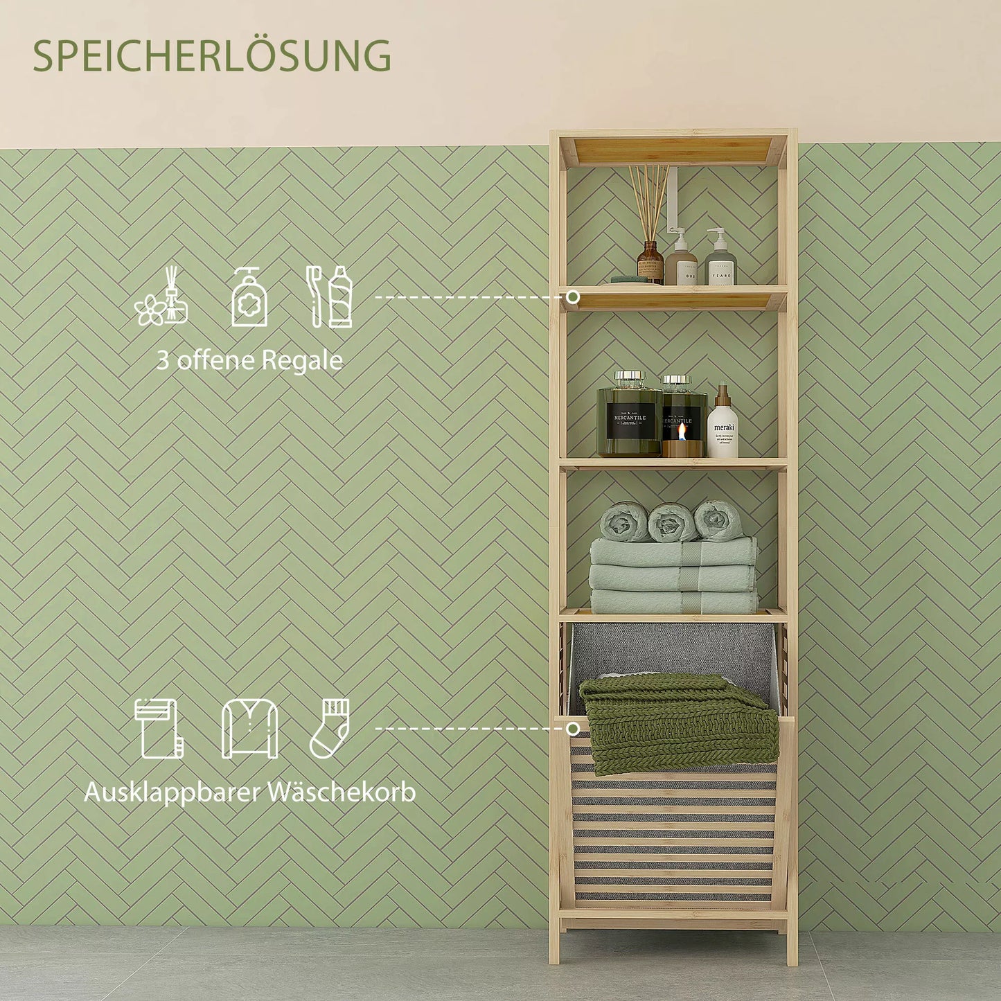 Vonios lentyna su skalbinių surinktuvu, 3 lentynos, bambuko rėmas, 44x33x160cm, natūrali