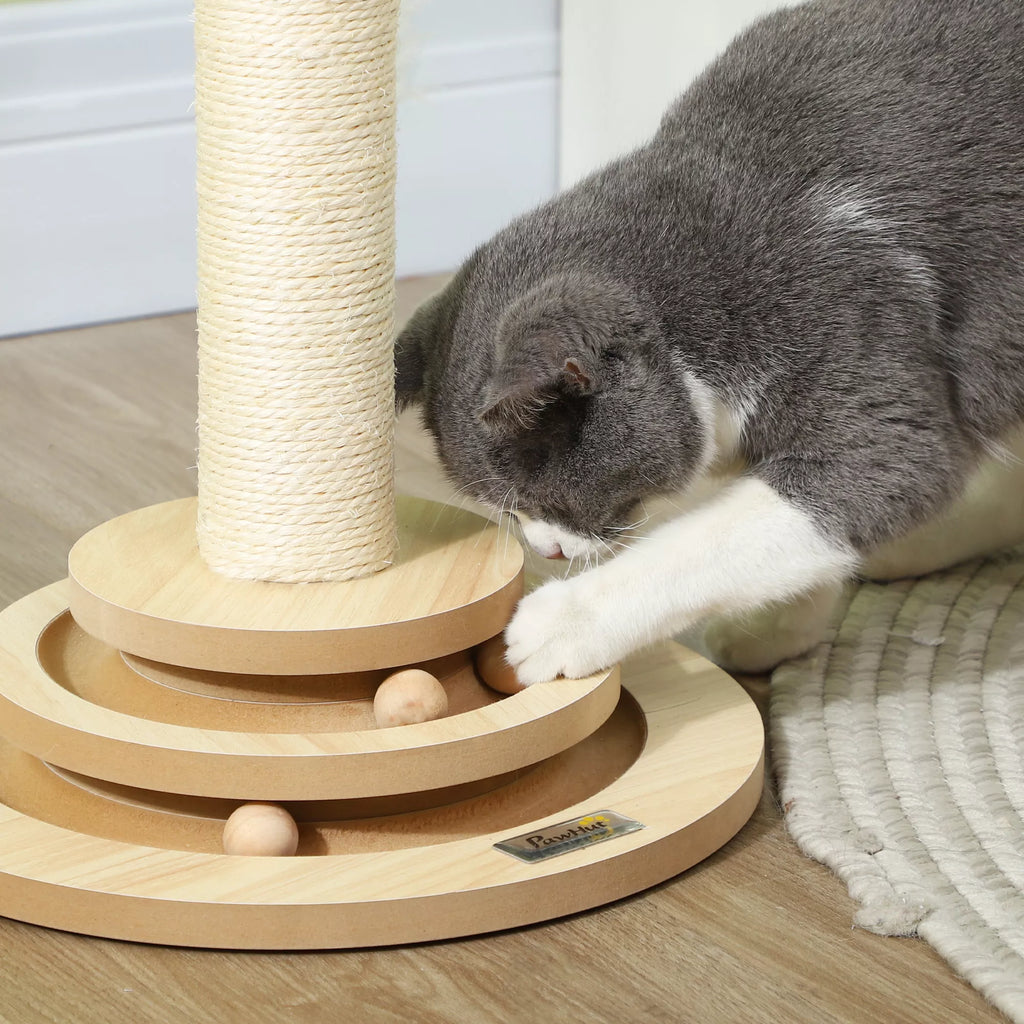 PawHut Kačių draskyklė, 49 cm, sizaliniai draskymo stulpeliai, kamuoliukų trasa, žaidimų kamuoliukas, žaidimo plunksnelė, 4-in-1 dizainas, ąžuolas, balta