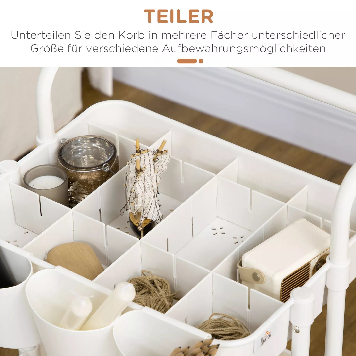 Ratinis vežimėlis, serviso vežimėlis, 3 laikymo krepšeliai, 3 pakabinamos dėžutės, 4 kabliukai, metalinis rėmas, 42 x 38 x 86,5 cm, balta