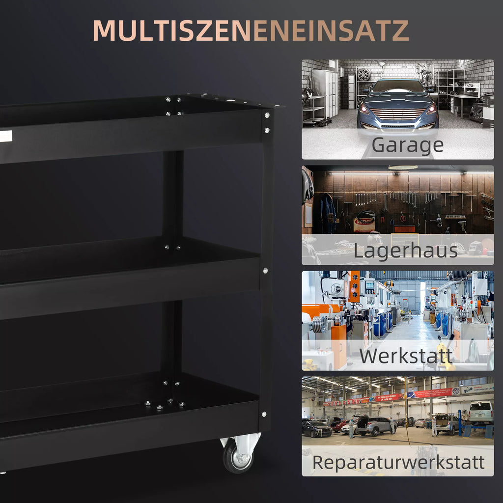 3 pakopų įrankių vežimėlis, 4 ratukai, plienas, 83B x 35,3T x 76H cm, juodas