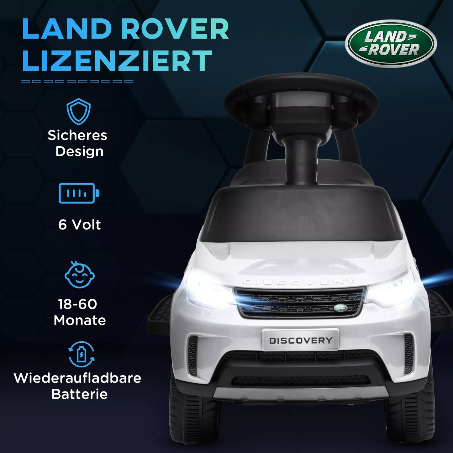 Elektrinis vaikiškas automobilis 6V, Land Rover, važiavimo/stumdomas režimas, priekiniai žibintai, muzika, baltas