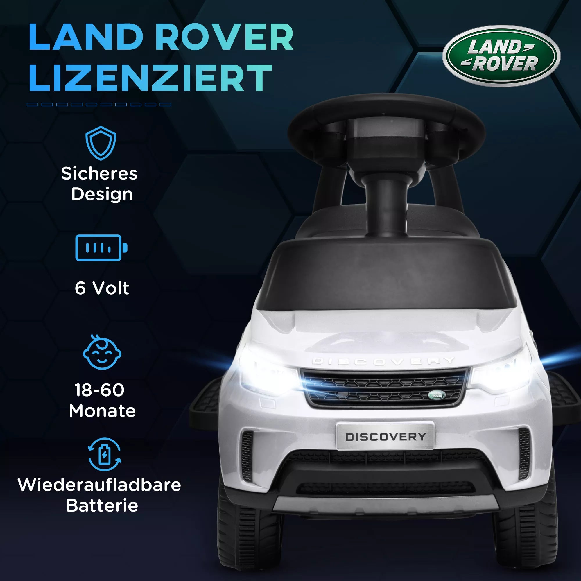 Elektrinis vaikų automobilis 6 V, „Land Rover“, važiavimo/stumimo režimas, žibintai, muzika, baltas