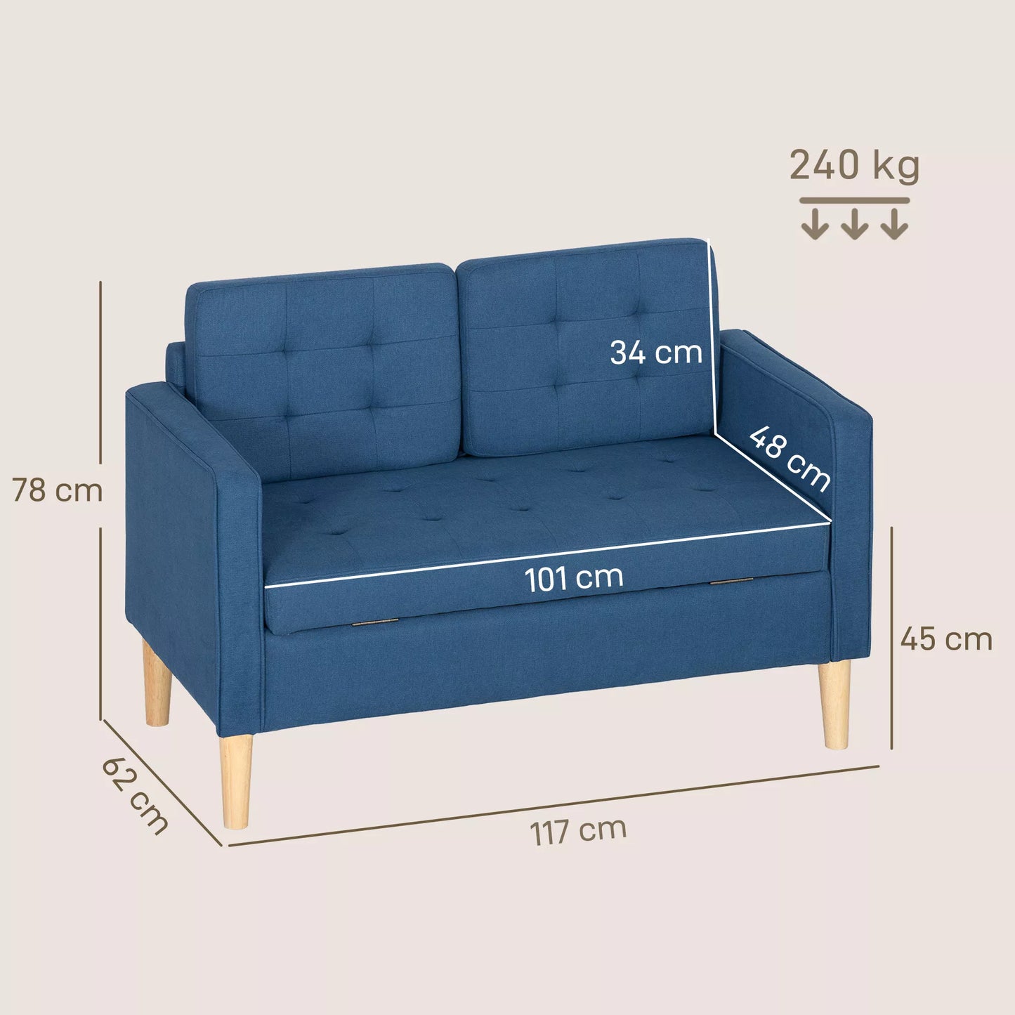Dviejų vietų sofa su daiktadėže, sagomis apsiūta, pagalvėlės, kaučiukmedžio mediena, 117x62x78cm, mėlyna