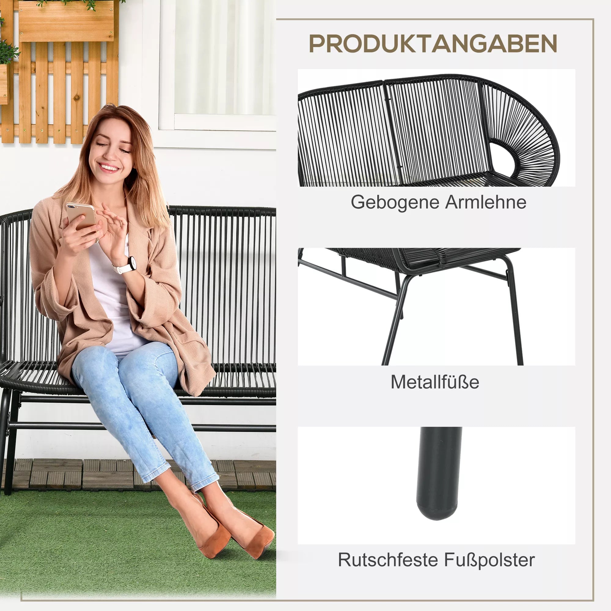Rattaninis fotelis Boho stiliaus poilsio fotelis, 132 cm x 72 cm x 83 cm, juodas