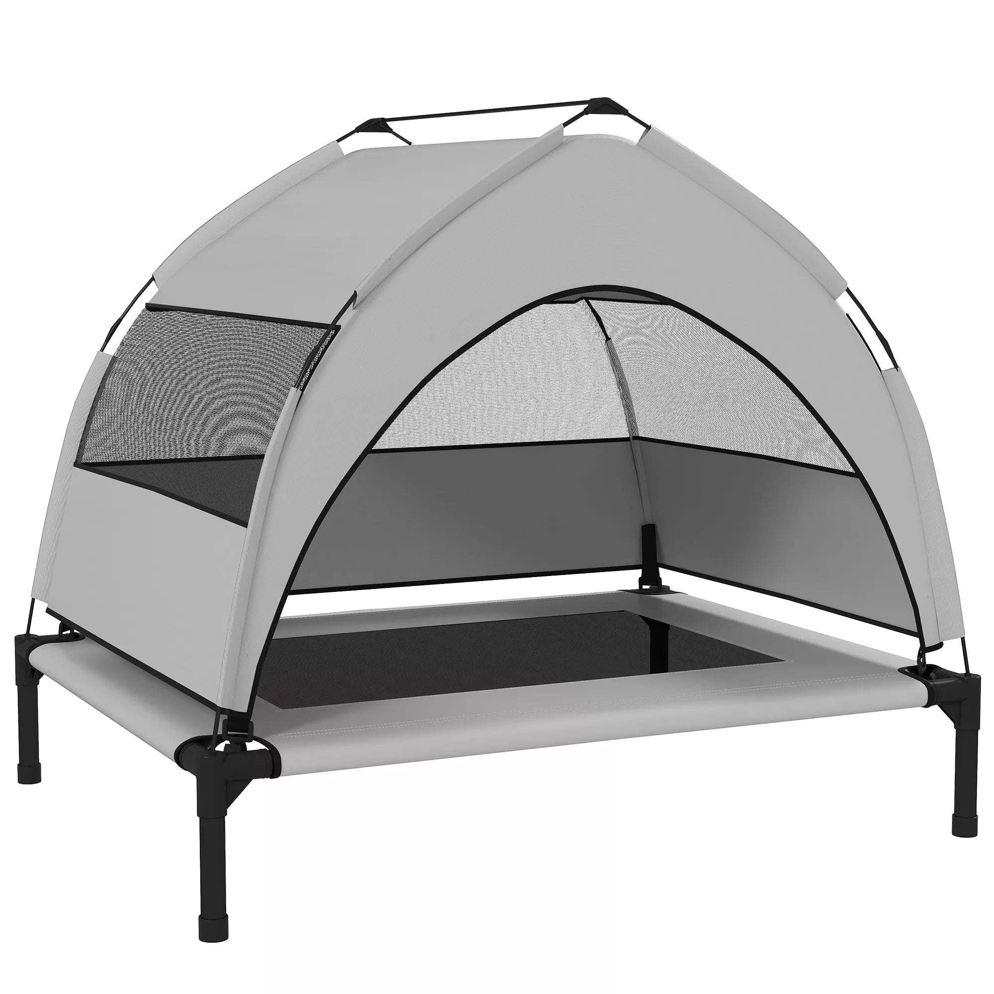 Šunų guolis lauke su stogu, pakeltas šunų guolis vidutinio dydžio šunims, su plieniniu rėmu, 76x61x70 cm, šviesiai pilkos spalvos