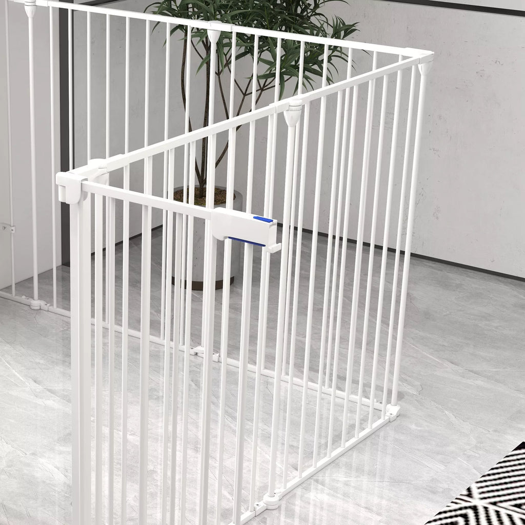 2-in-1 šuniukų aptvaras ir užtvaras, 8 sekcijos, užrakinamos durys, plienas, 90 cm aukščio, baltos spalvos