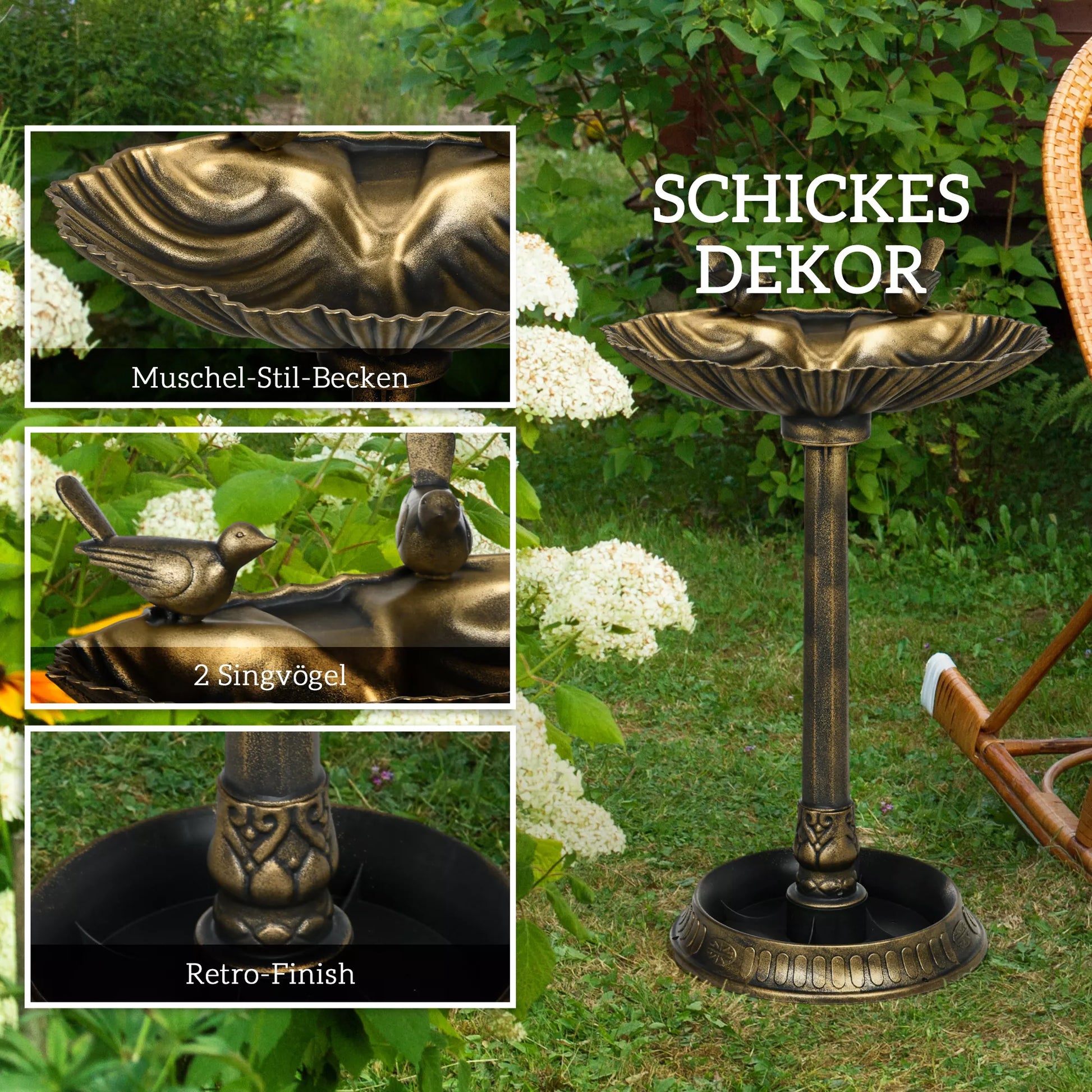 Paukščių girdykla, paukščių vonia su statulėlėmis, 2 baseinai, plastikas, senovinis stilius, 49,5L x 38B x 81H cm, bronzos spalvos