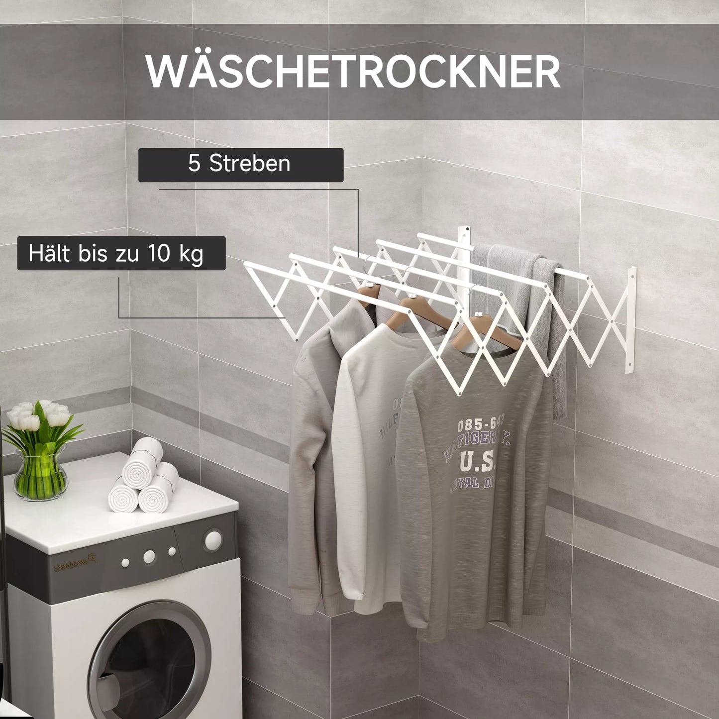 Išskleidžiama ir sulankstoma sieninė drabužių džiovykla, taupanti vietą, skirta naudoti viduje ir lauke, balta, 63,5 x 60 x 20 cm