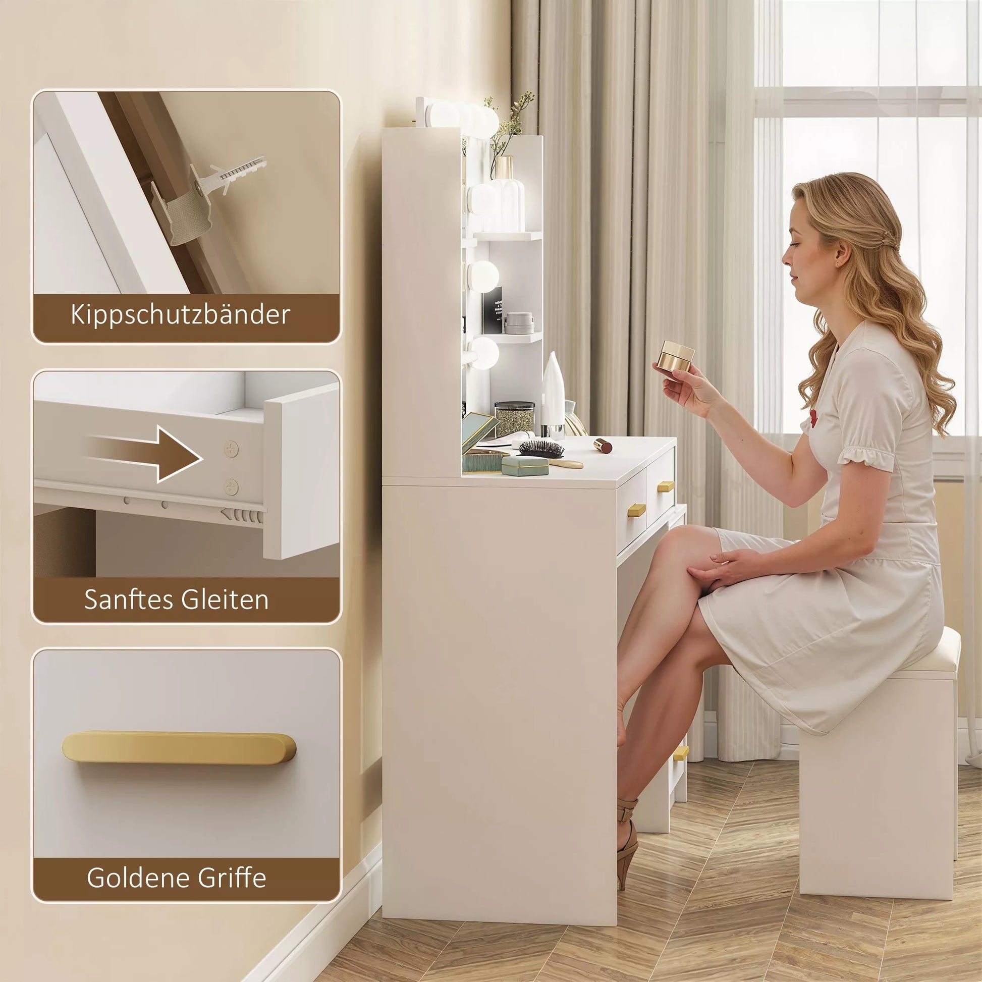 Kosmetinis staliukas su apšviečiamu veidrodžiu ir minkštu pufu, makiažo staliuko rinkinys, medis ir tekstilė, balta