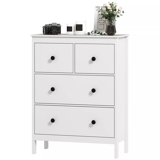 Komoda su 4 stalčiais, skirta drabužiams ir patalynei, tinkama svetainei, miegamajam, koridoriui, pagaminta iš medžio drožlių plokštės, balta.