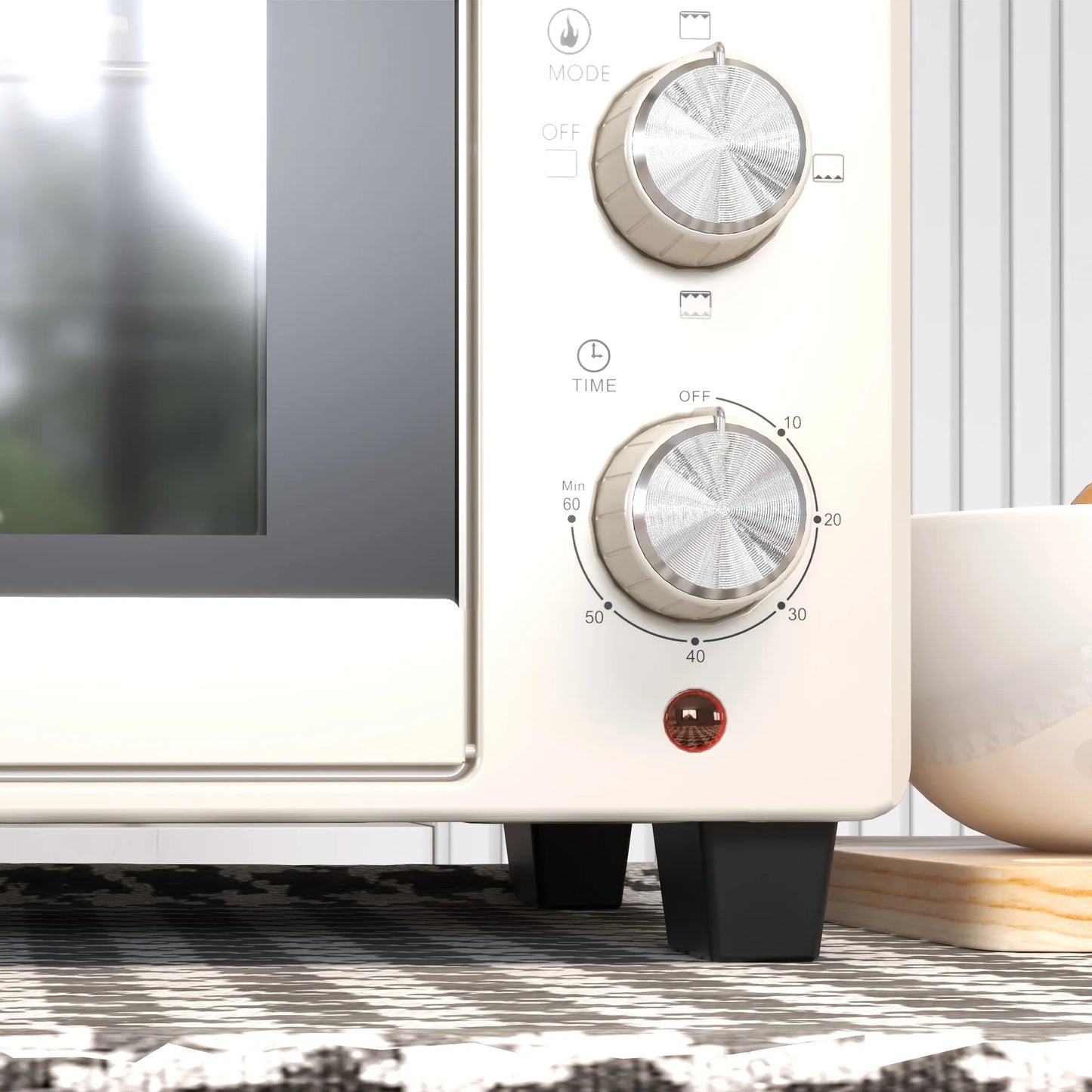 Miniorkaitė, 21 L kompaktiška krosnelė su skrudintuvo funkcija, su 1 grotelių ir 1 skardos, 3 virimo režimai, 100 °C-230 °C, nerūdijančio plieno, stiklas, kreminės baltos spalvos