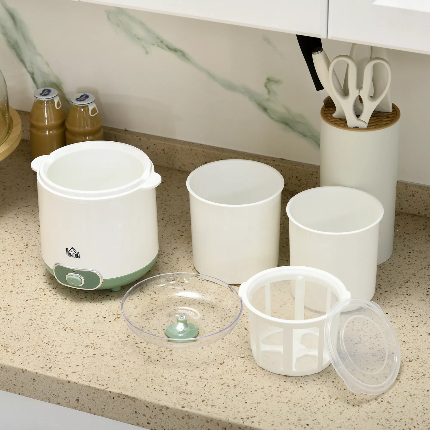 Jogurto gaminimo aparatas, 1,5 l jogurto aparatas su sietu, dangčiu, 20 W jogurto gaminimo aparatas graikiškam jogurtui, 3–5 asmenims, 19,5x17,5x21,4 cm, baltas