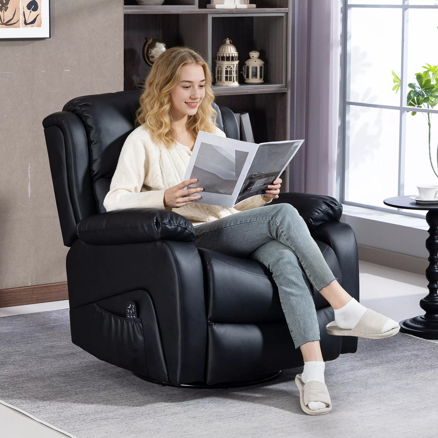 Masažinis krėslas, šildymo ir atlošimo funkcija, dirbtinė oda, iki 150 kg, 97x92x104 cm, juodas