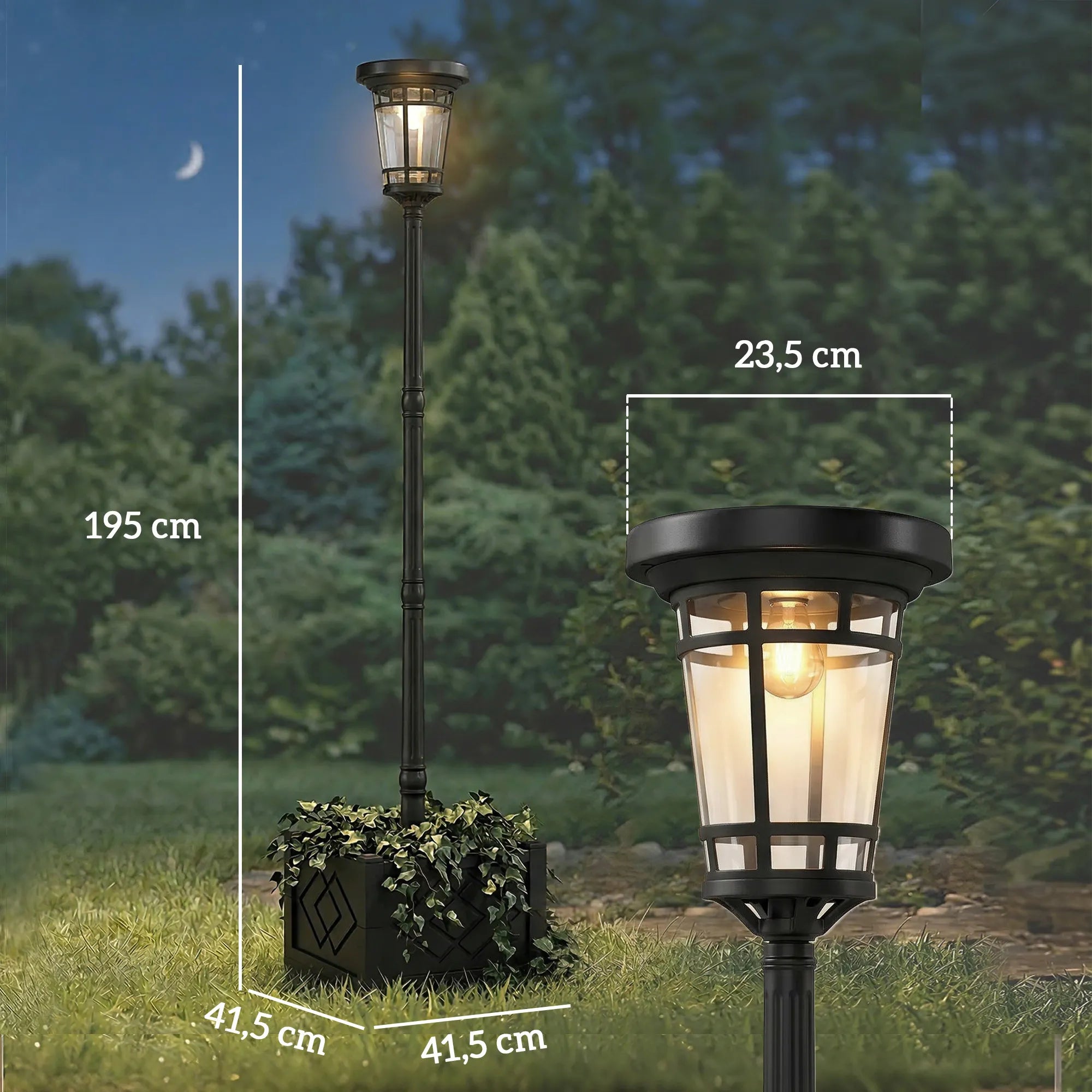 Saulės energija veikiantis sodo žibintas su vazonu 195 cm juodas