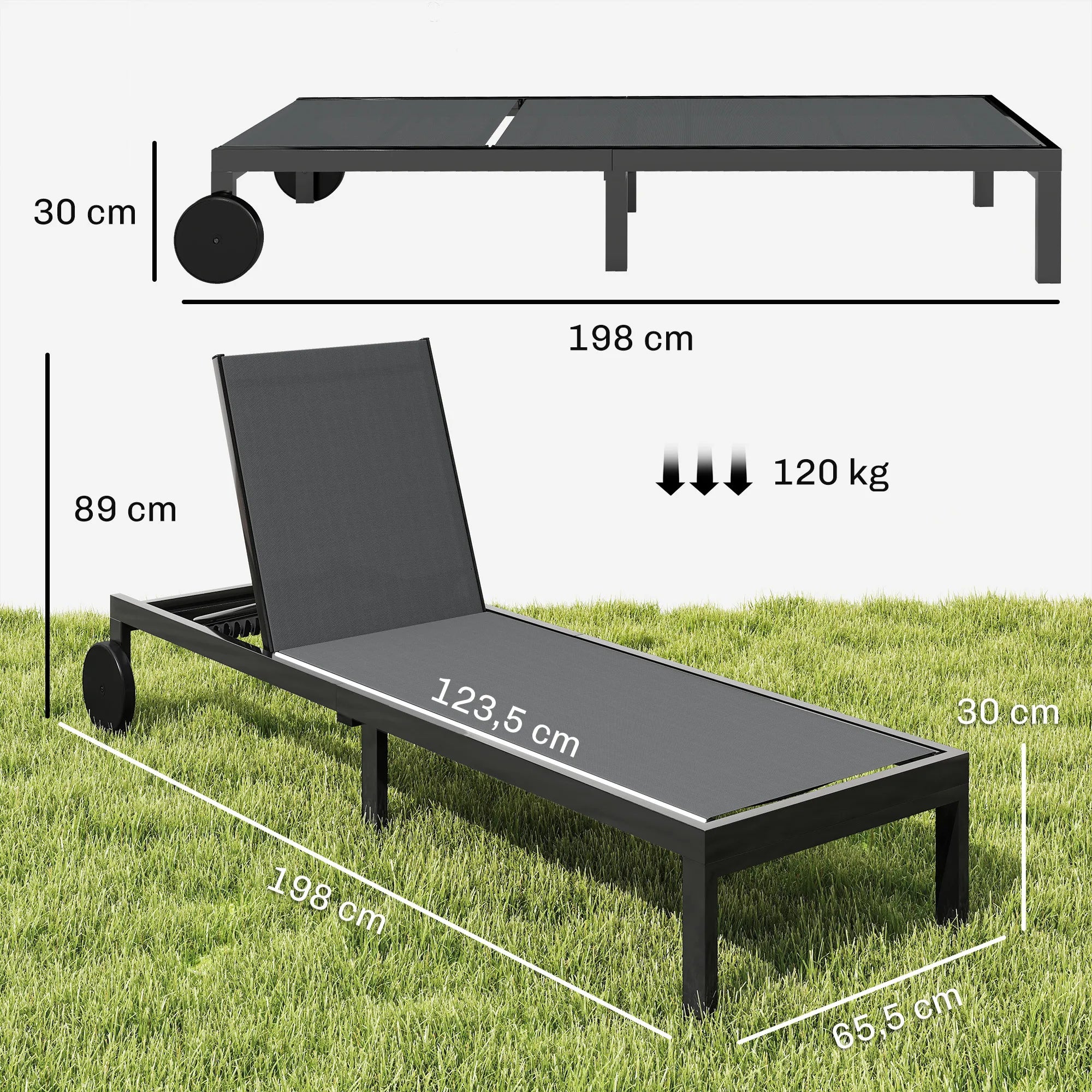 Saulės gulto matmenys: 198x65,5 cm, aukštis 89 cm, iki 120 kg