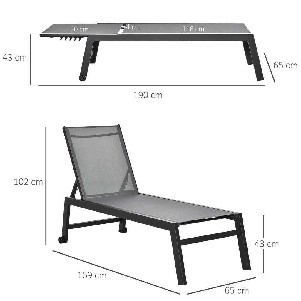 Gulto matmenų schema: ilgis 190 cm, plotis 65 cm, aukštis 43 cm, atlošas reguliuojamas iki 102 cm
