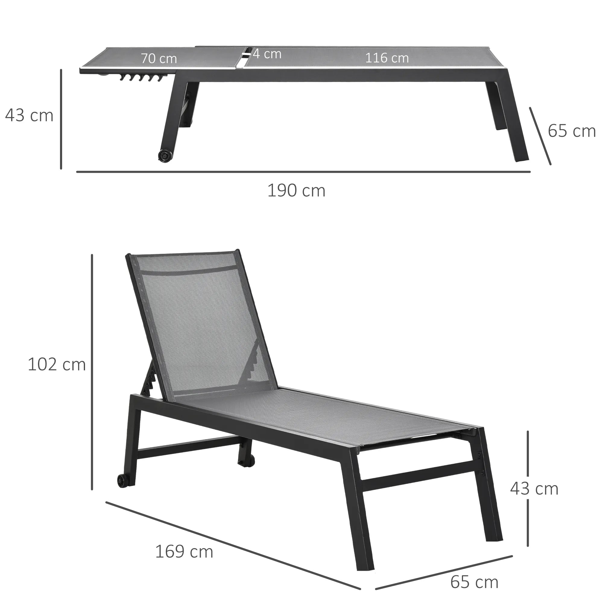 Gulto matmenų schema: ilgis 190 cm, plotis 65 cm, aukštis 43 cm, atlošas reguliuojamas iki 102 cm