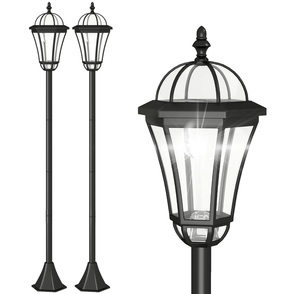 Saulės sodo žibintai su LED, juodi, IP44, 129 cm, 2 vnt. iki 6val.