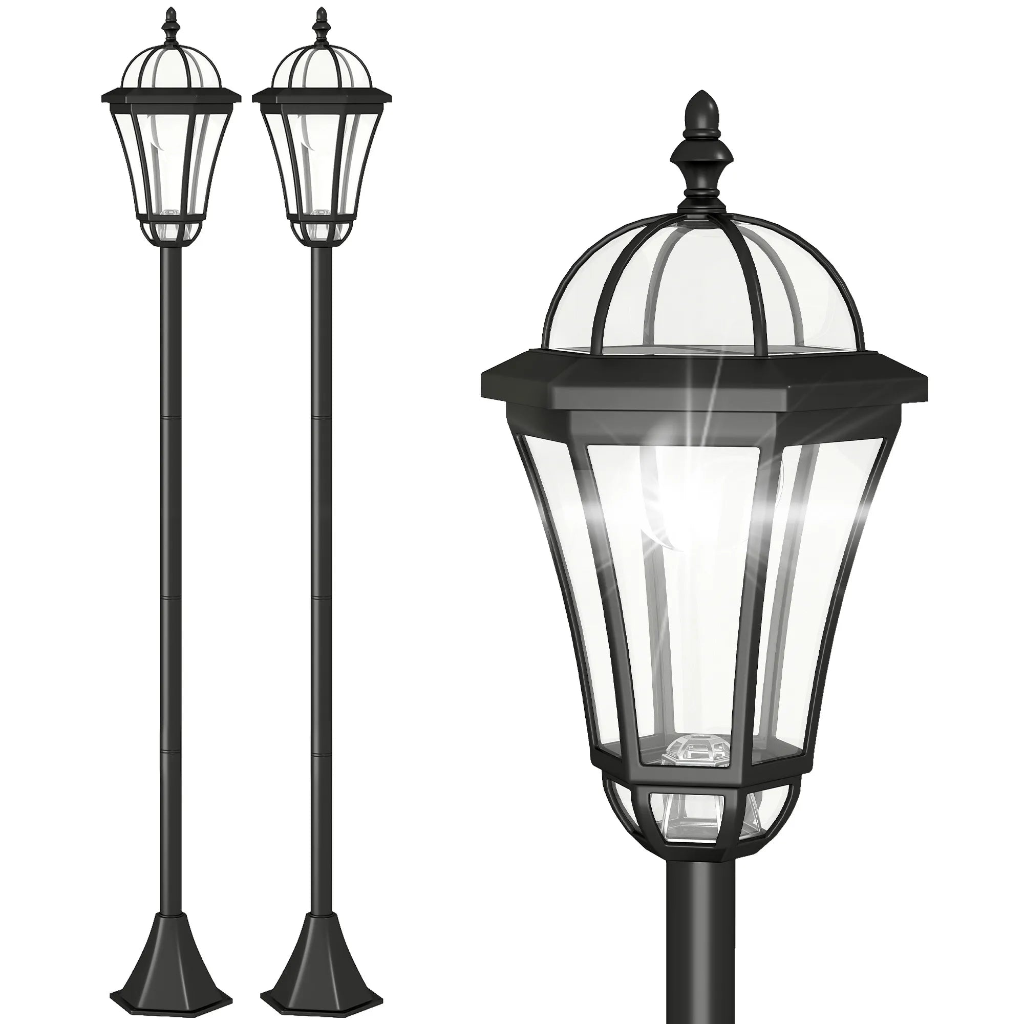 Saulės sodo žibintai su LED, juodi, IP44, 129 cm, 2 vnt. iki 6val.