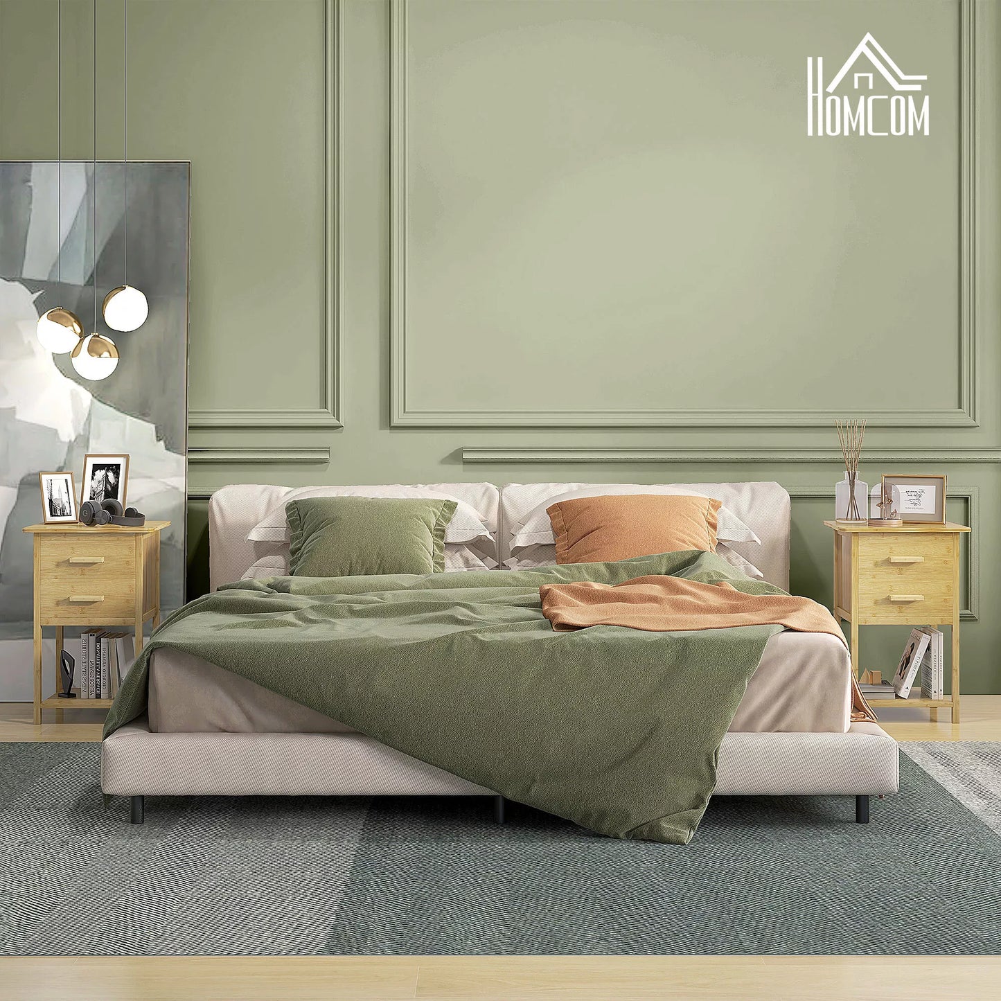 Naktinis staliukas, 2 vnt. rinkinys, Skandi dizainas, bambukas, 2 stalčiai ir lentynėlė, 40x34x60 cm