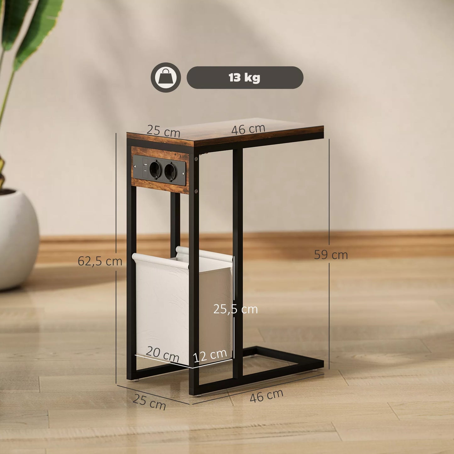 Pastatomas staliukas su elektros lizdais, USB jungtimis, kabeliu, C formos dizainas