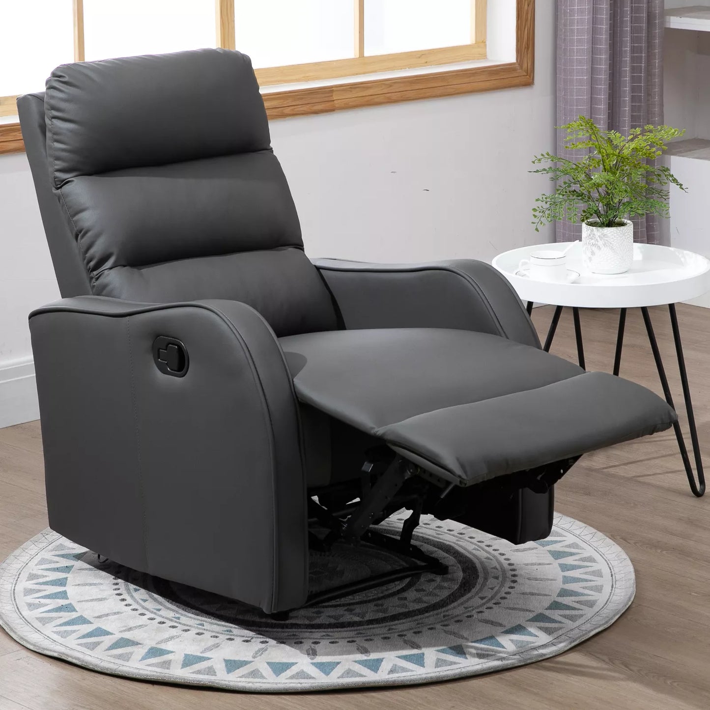 Poilsio krėslas su atlenkiama atrama kojoms, išskleidžiama kojų atrama, dirbtinė oda, tamsiai pilkos spalvos